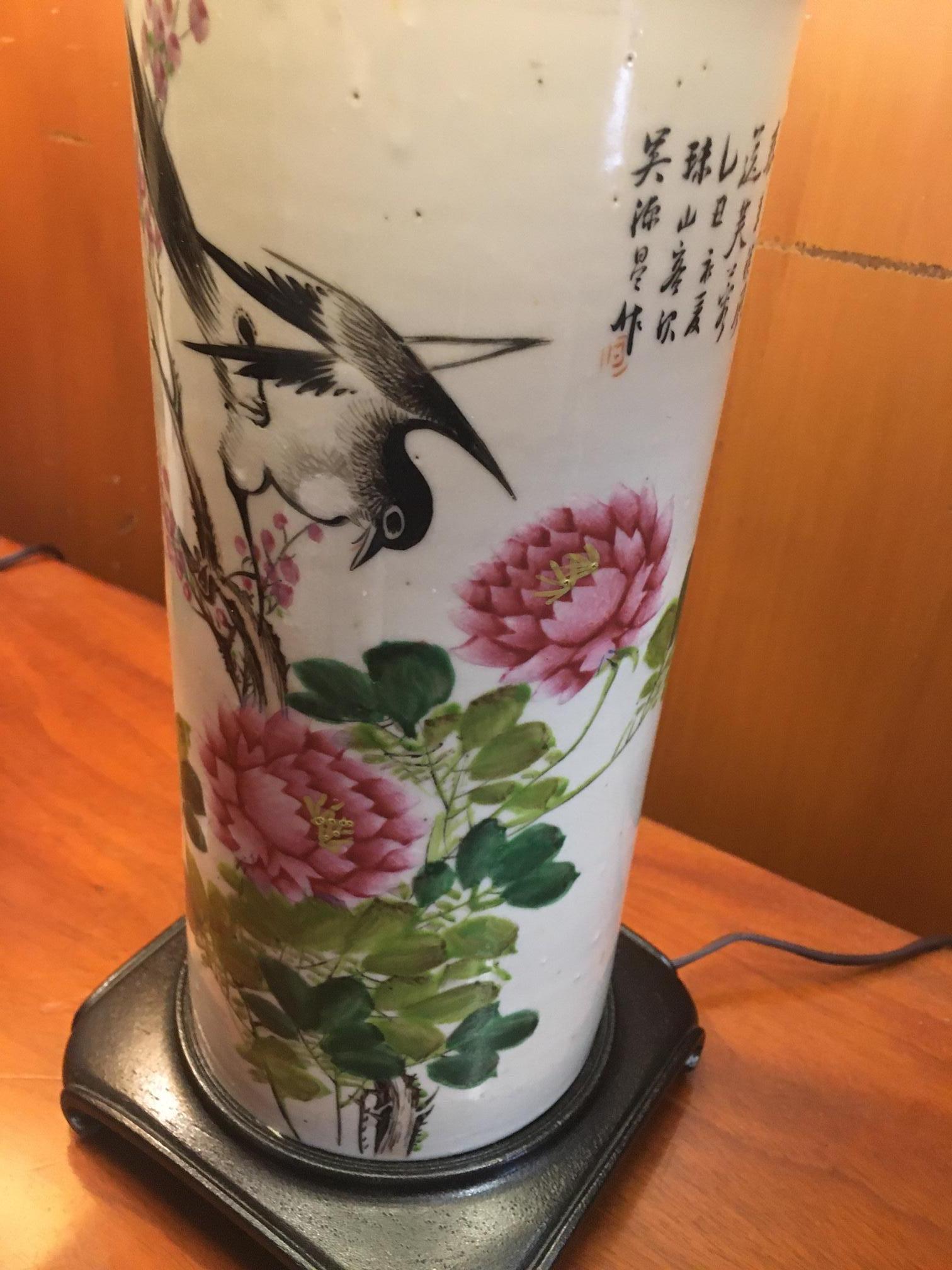 19thc Painted Porcelain Vases Converted into Lamps w/ Teak Bases & Custom Shades In Good Condition For Sale In Savannah, GA