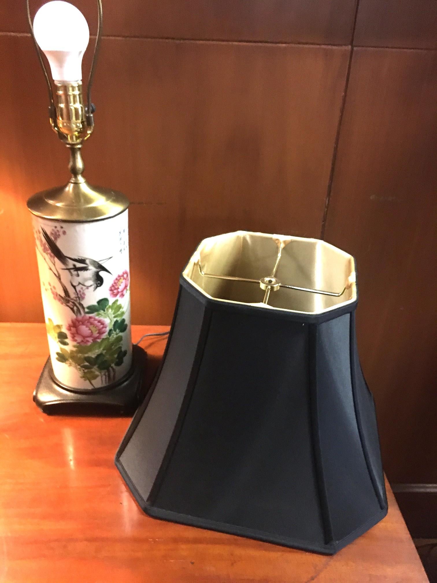 19th Century 19thc Painted Porcelain Vases Converted into Lamps w/ Teak Bases & Custom Shades For Sale