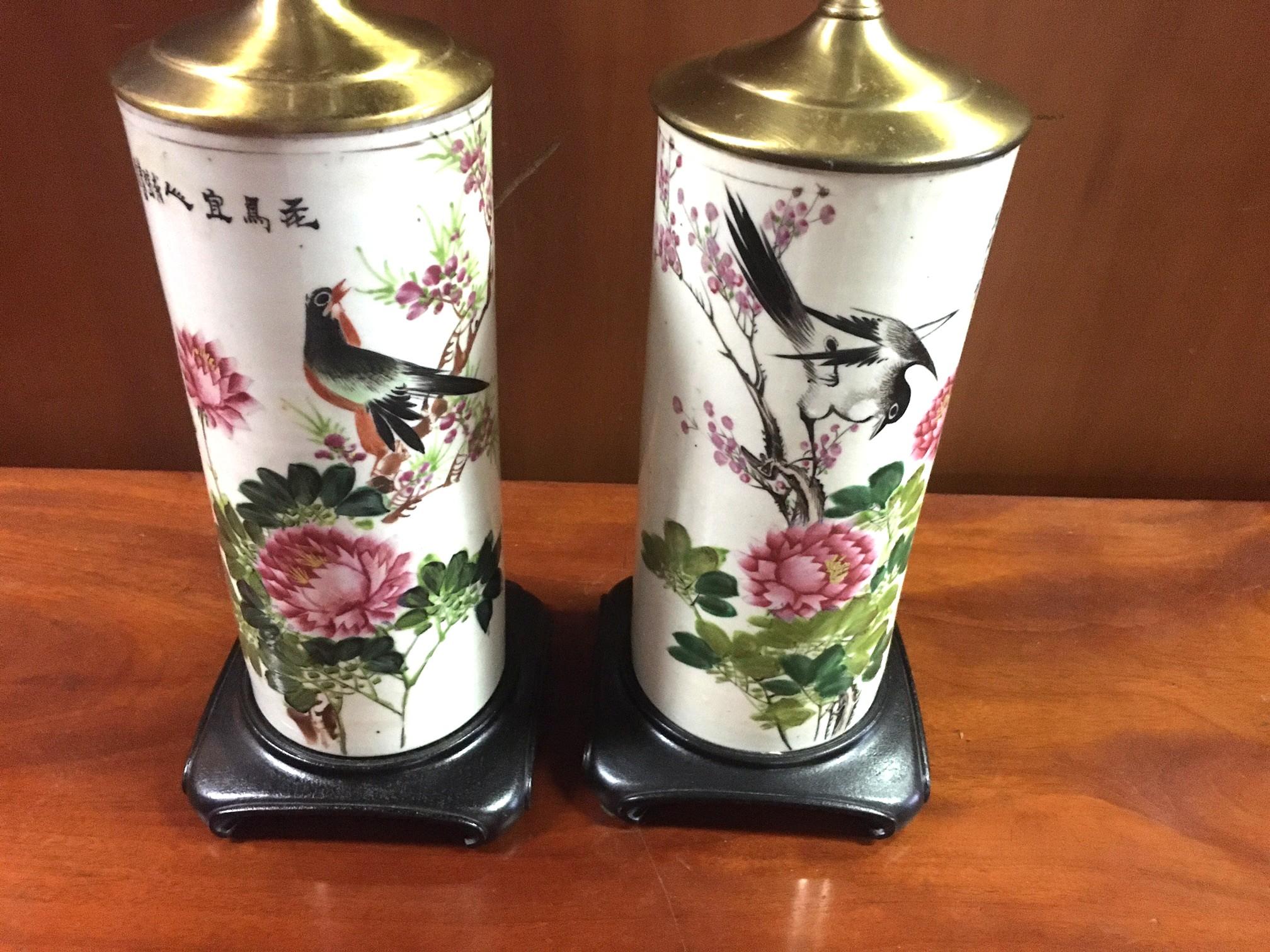 19thc Painted Porcelain Vases Converted into Lamps w/ Teak Bases & Custom Shades For Sale 1
