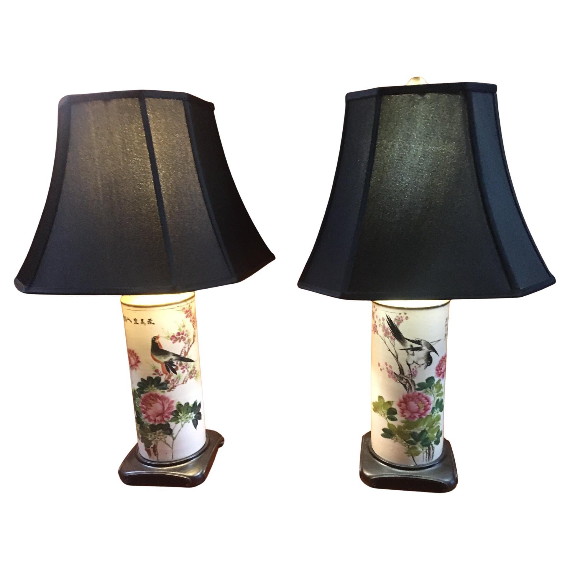 19thc Painted Porcelain Vases Converted into Lamps w/ Teak Bases & Custom Shades For Sale