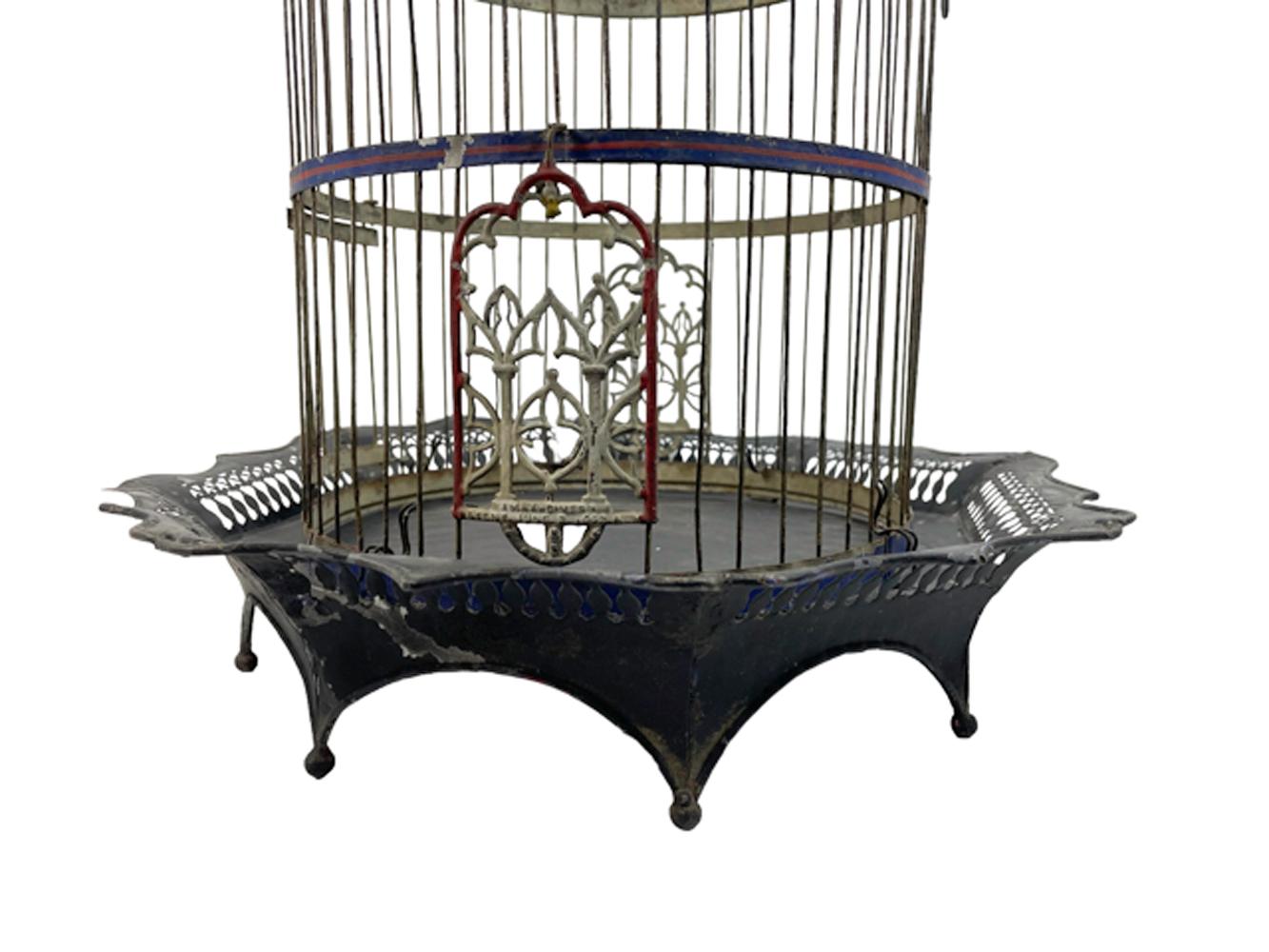 19thc Painted Sheet Metal and Wire Birdcage John Maxheimer, New York, NY, 1885 In Good Condition For Sale In Chapel Hill, NC
