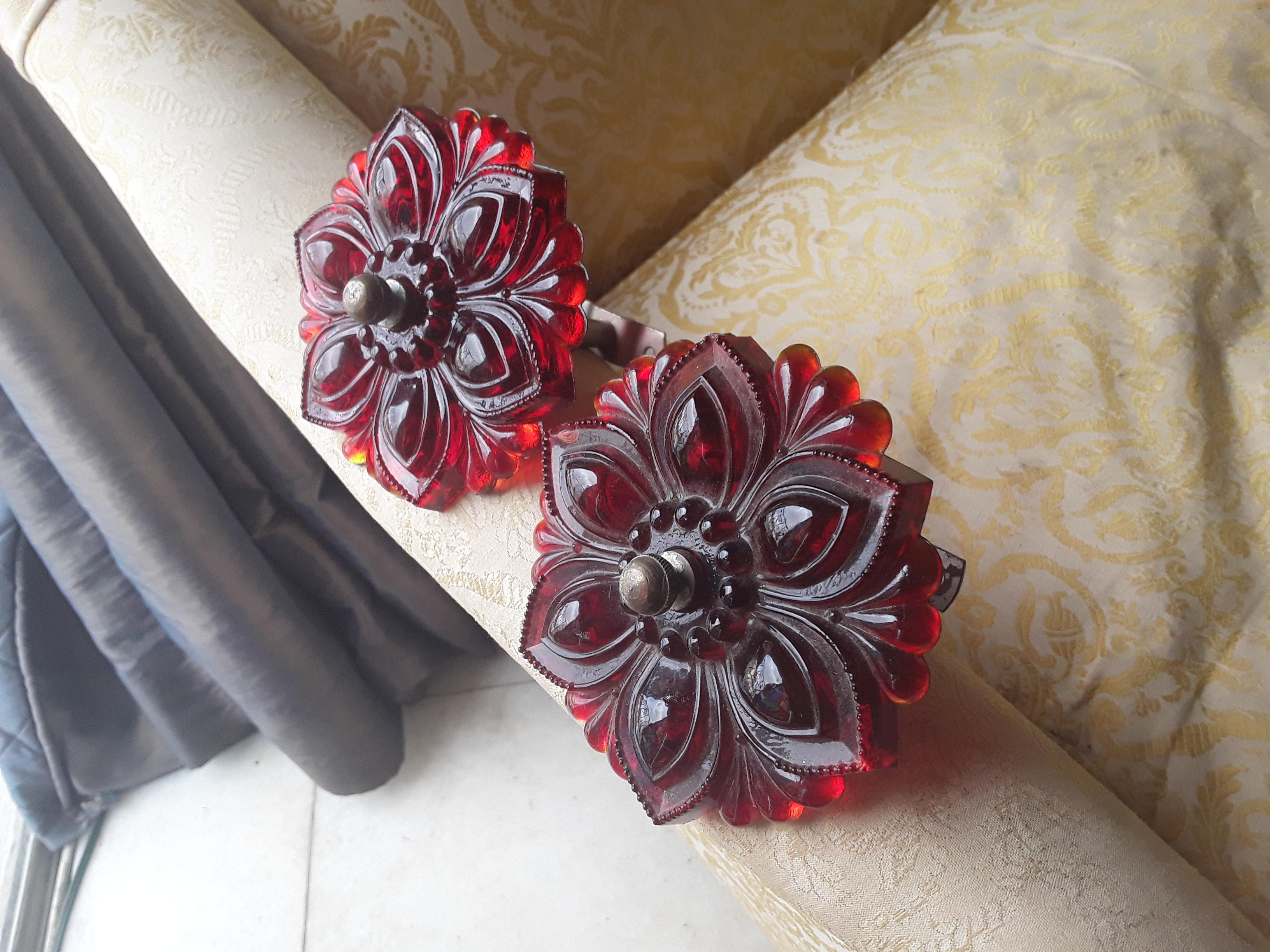 American 19thc Pair Art Nouveau Ruby Red Art Glass Flowers - Drapery Tiebacks For Sale