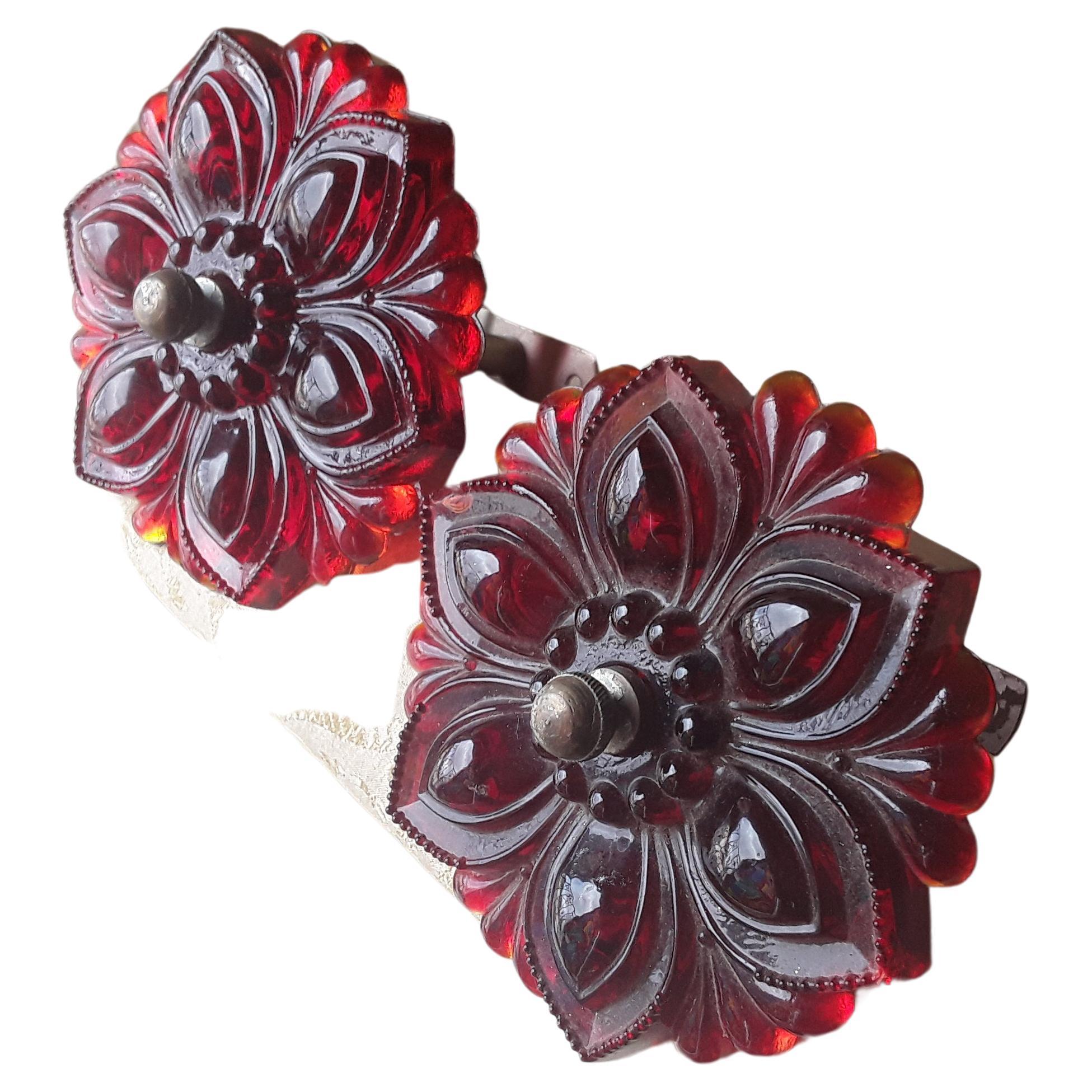 19thc Pair Art Nouveau Ruby Red Art Glass Flowers - Drapery Tiebacks For Sale