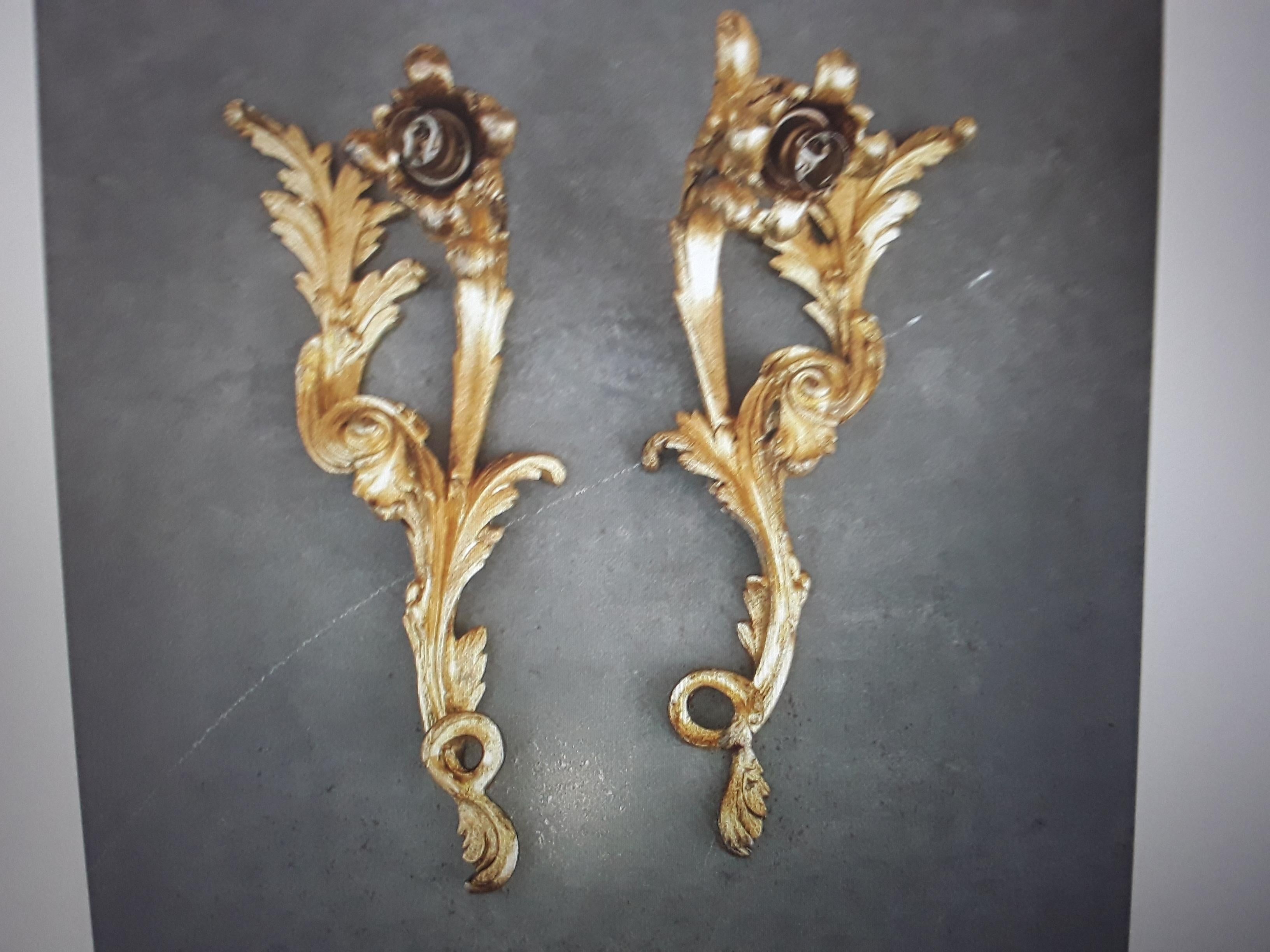 19thc Pair French Antique Louis XV Rococo style Dore Bronze Wall Sconces For Sale 6