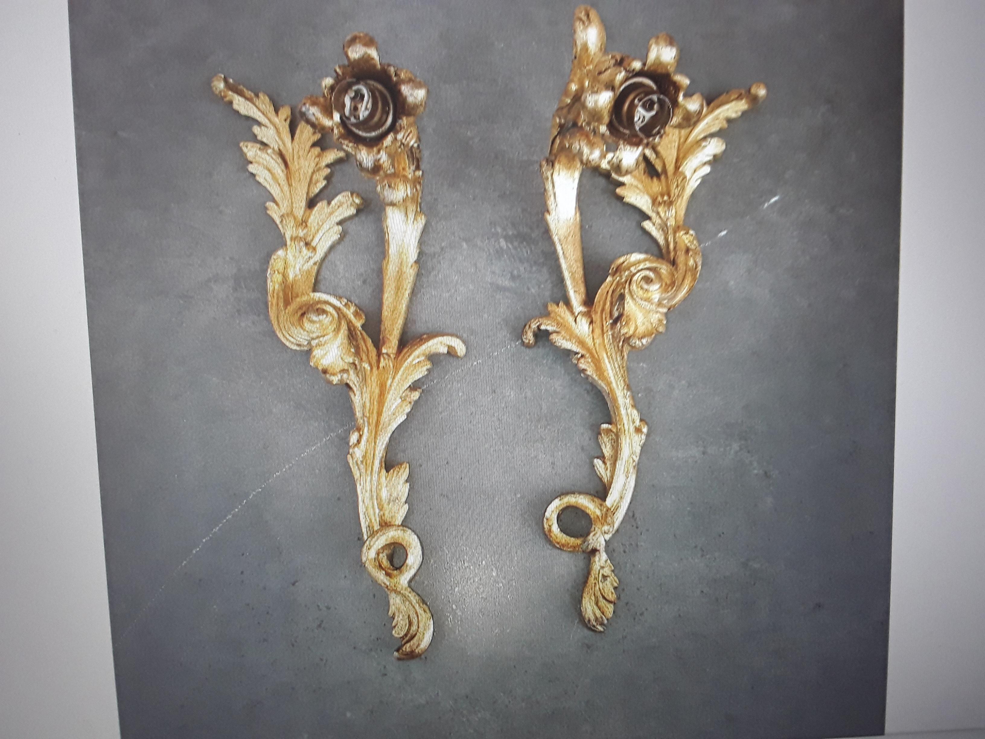 19thc Pair French Antique Louis XV Rococo style Dore Bronze Wall Sconces For Sale 7