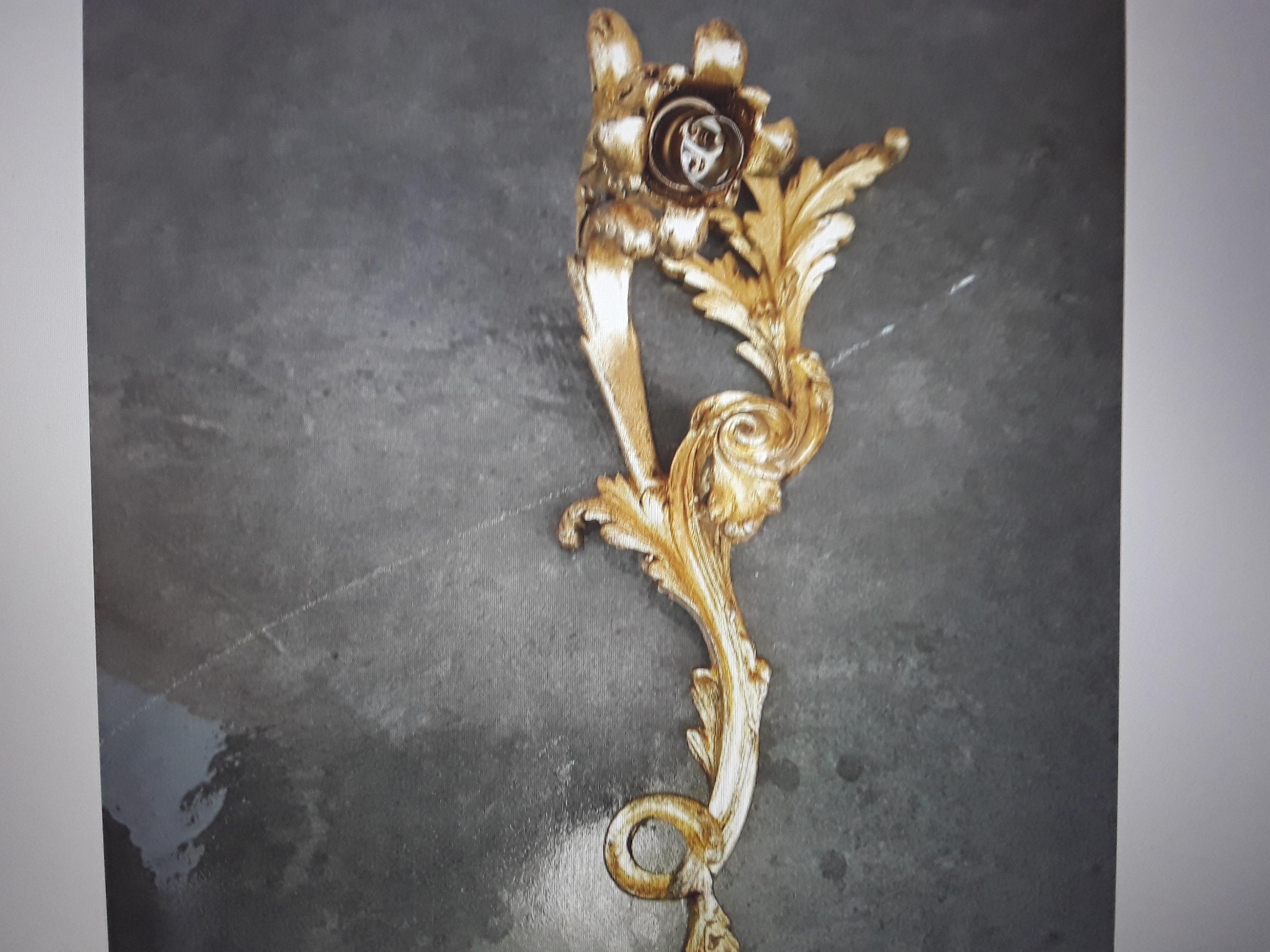 19thc Pair French Antique Louis XV Rococo style Dore Bronze Wall Sconces For Sale 4