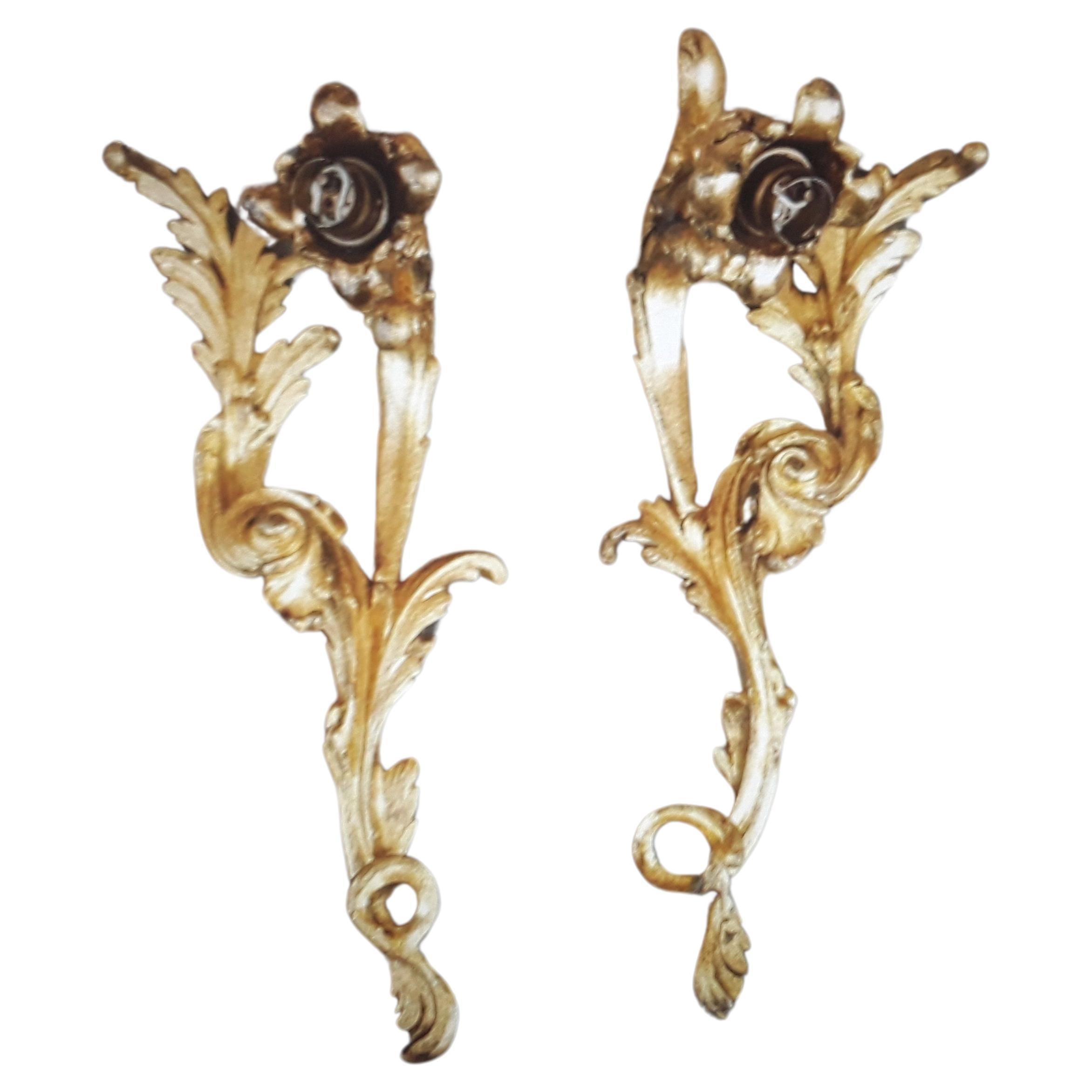 19thc Pair French Antique Louis XV Rococo style Dore Bronze Wall Sconces For Sale