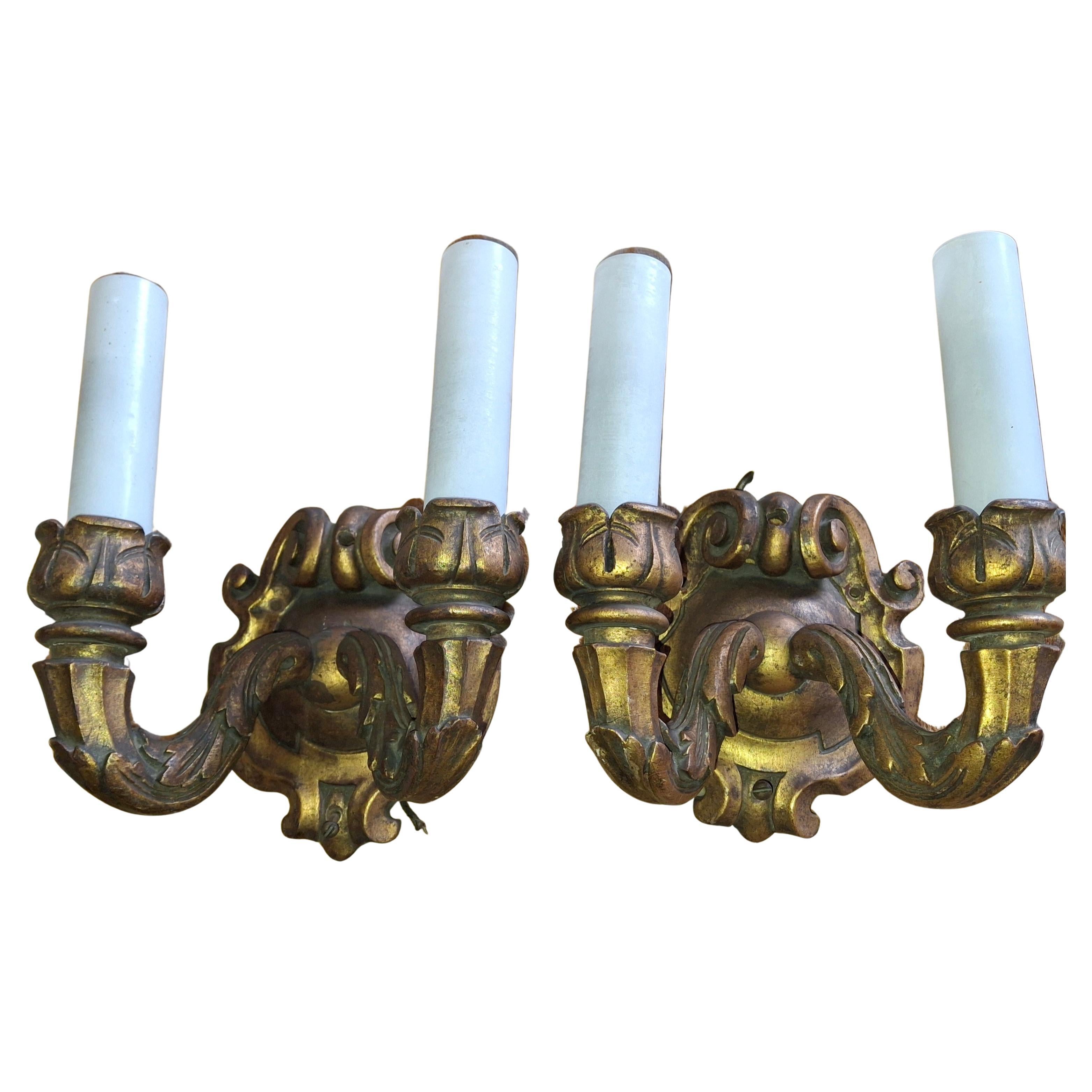 19thc Pair French Louis XV Manor style Carved Giltwood Rococo Wall Sconces