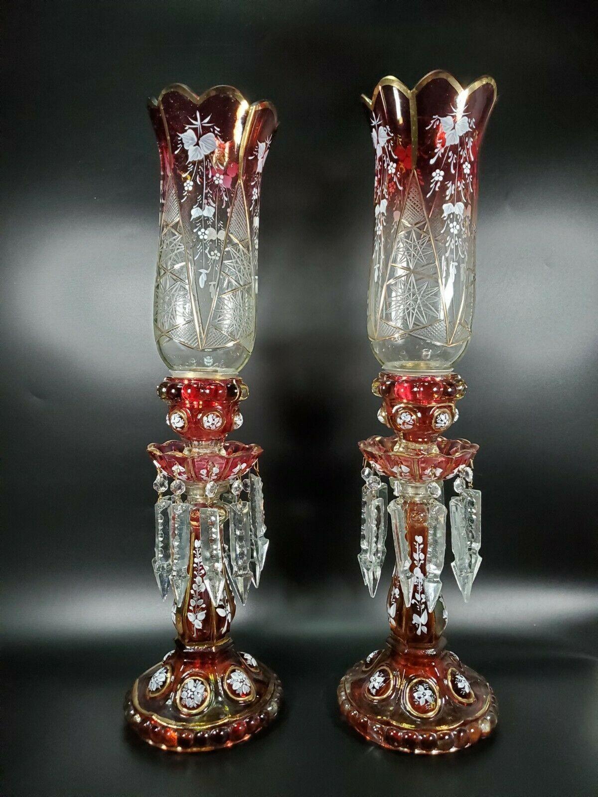 c1890 Pair French Napoleon III Crystal aand Glass Red Candle Lamps/ Candle Holders. Attrib. Baccarat Medallion Series.
