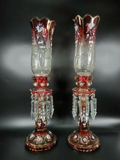 19thc Pair French Napoleon III Crystal Medallion Candle Lamps attrib Baccarat