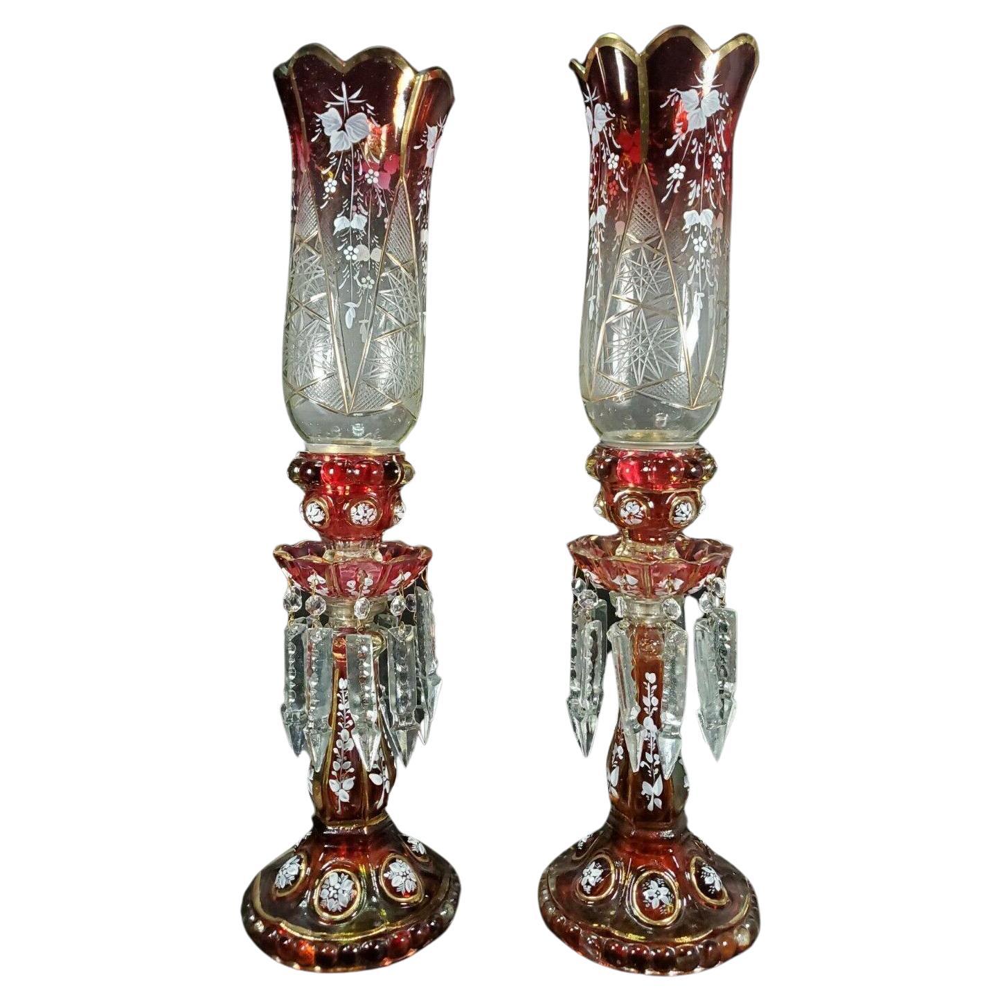 19thc Pair French Napoleon III Crystal Medallion Candle Lamps attrib Baccarat For Sale