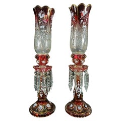 Antique 19thc Pair French Napoleon III Crystal Medallion Candle Lamps attrib Baccarat