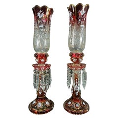 19thc Pair French Napoleon III Crystal Medallion Candle Lamps attrib Baccarat