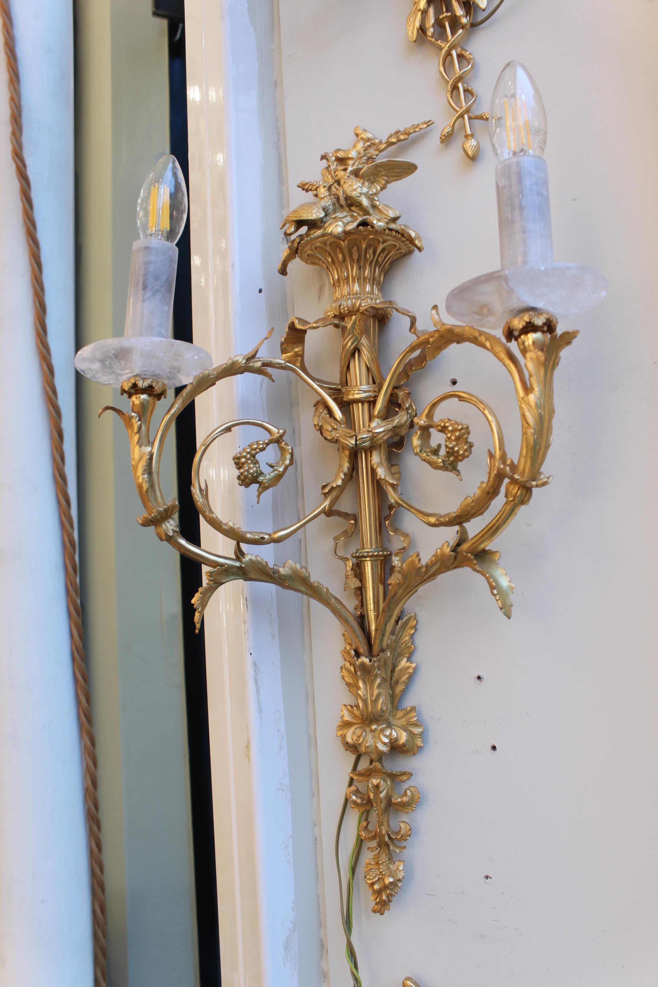 European 19thC pair of bronze French wall lights with Rock Crystal bobeche & tubes For Sale