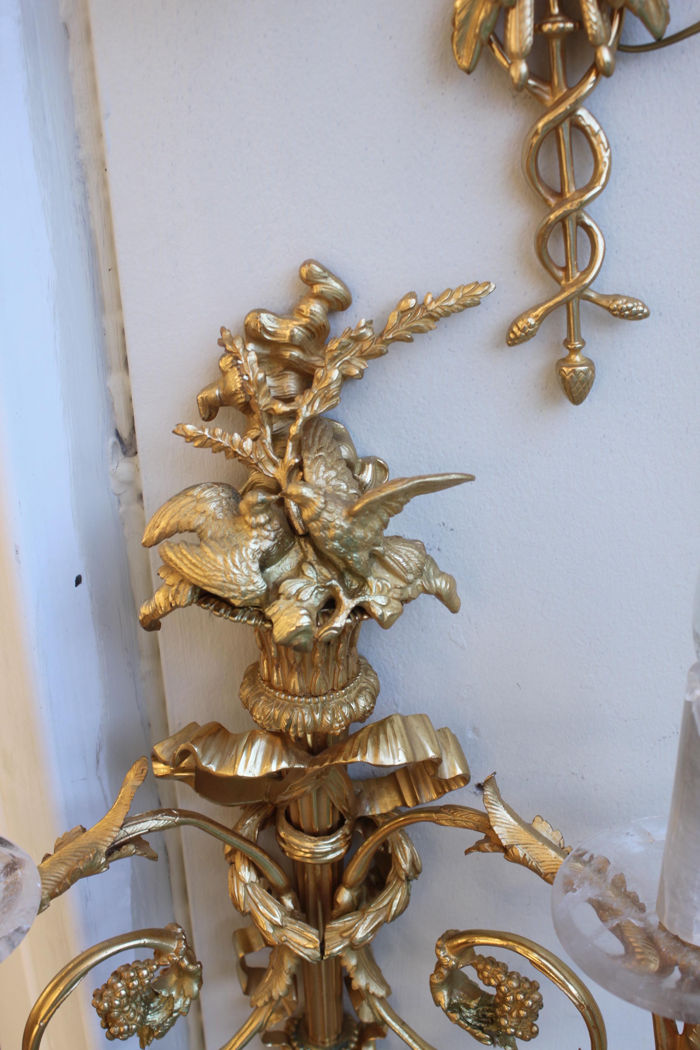 19thC pair of bronze French wall lights with Rock Crystal bobeche & tubes In Excellent Condition For Sale In London, GB