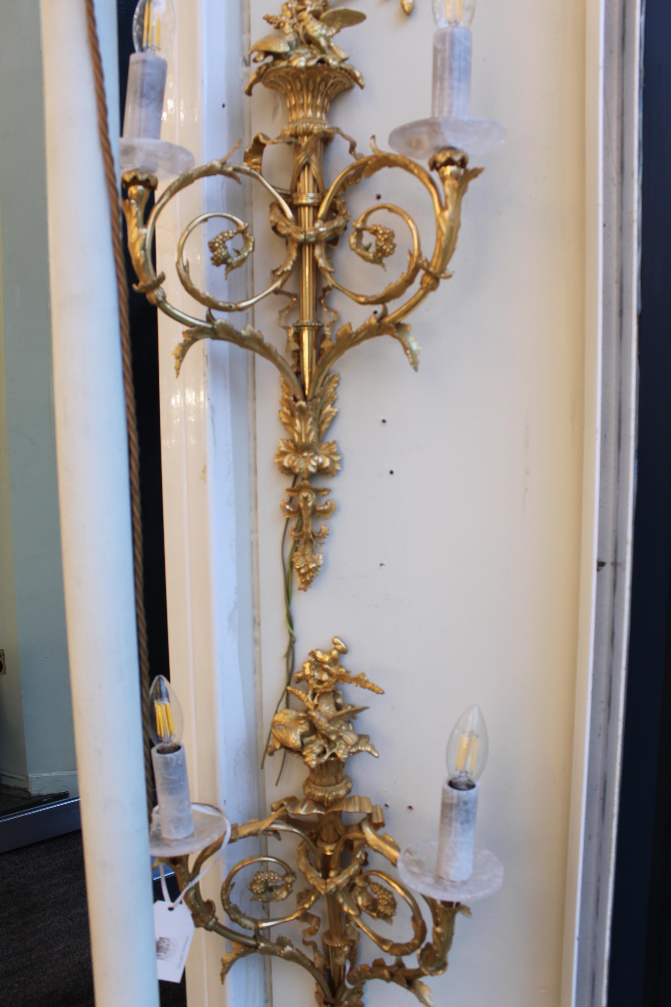 Mid-19th Century 19thC pair of bronze French wall lights with Rock Crystal bobeche & tubes For Sale