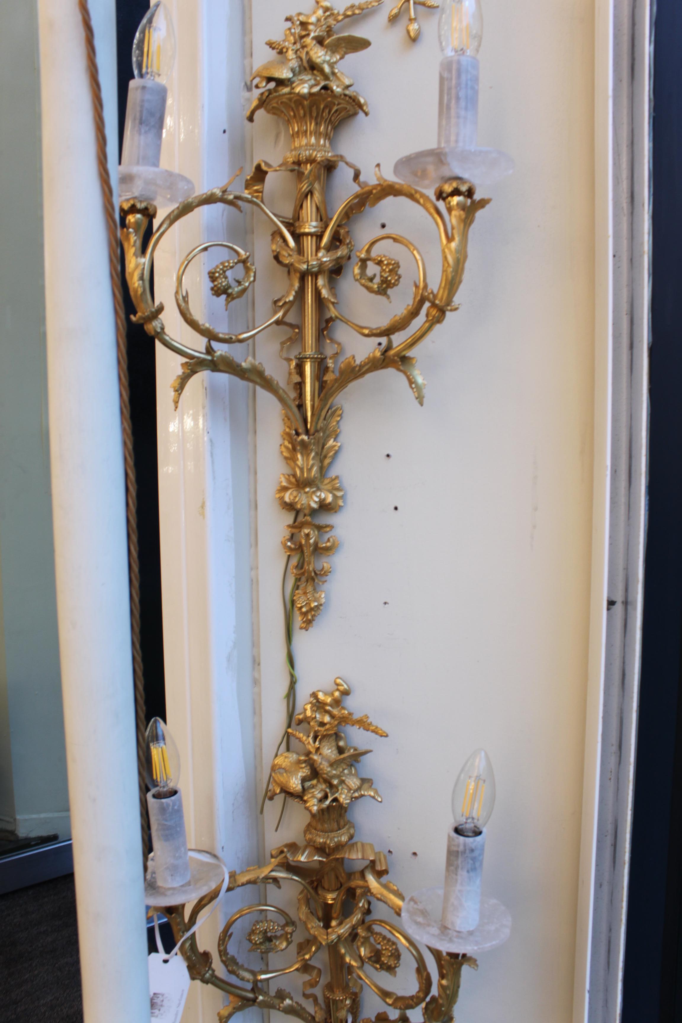 Bronze 19thC pair of bronze French wall lights with Rock Crystal bobeche & tubes For Sale
