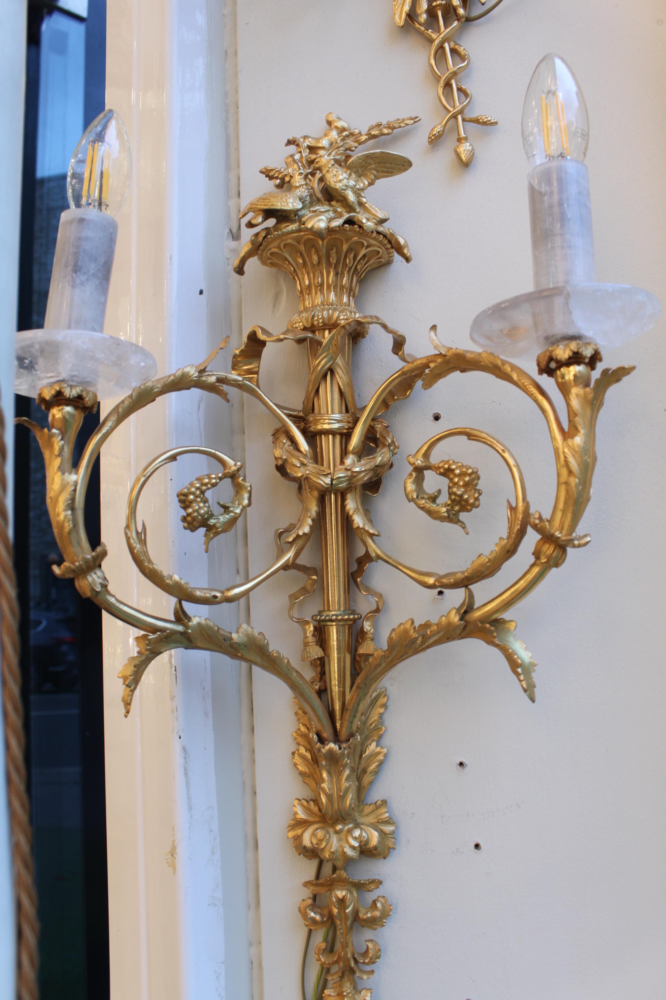 19thC pair of bronze French wall lights with Rock Crystal bobeche & tubes For Sale 1