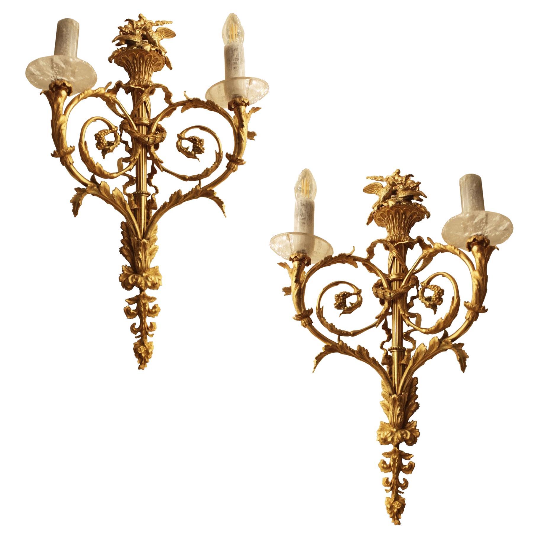 19thC pair of bronze French wall lights with Rock Crystal bobeche & tubes For Sale