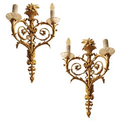 19thC pair of bronze French wall lights with Rock Crystal bobeche & tubes