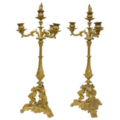 19th Century Pair of French Ormolu Three Branch Candelabra