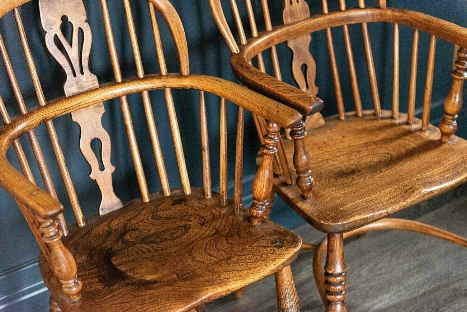 19thC Pair of Windsor Chairs, circa 1835. Pair of Windsor arm chairs with open fret splats with turned supports and legs with crinoline stretchers Ash with Elm seats, lovely wear, colour and patina. Price is for the pair

H91 x 47.5W x D50 S/H 45cm