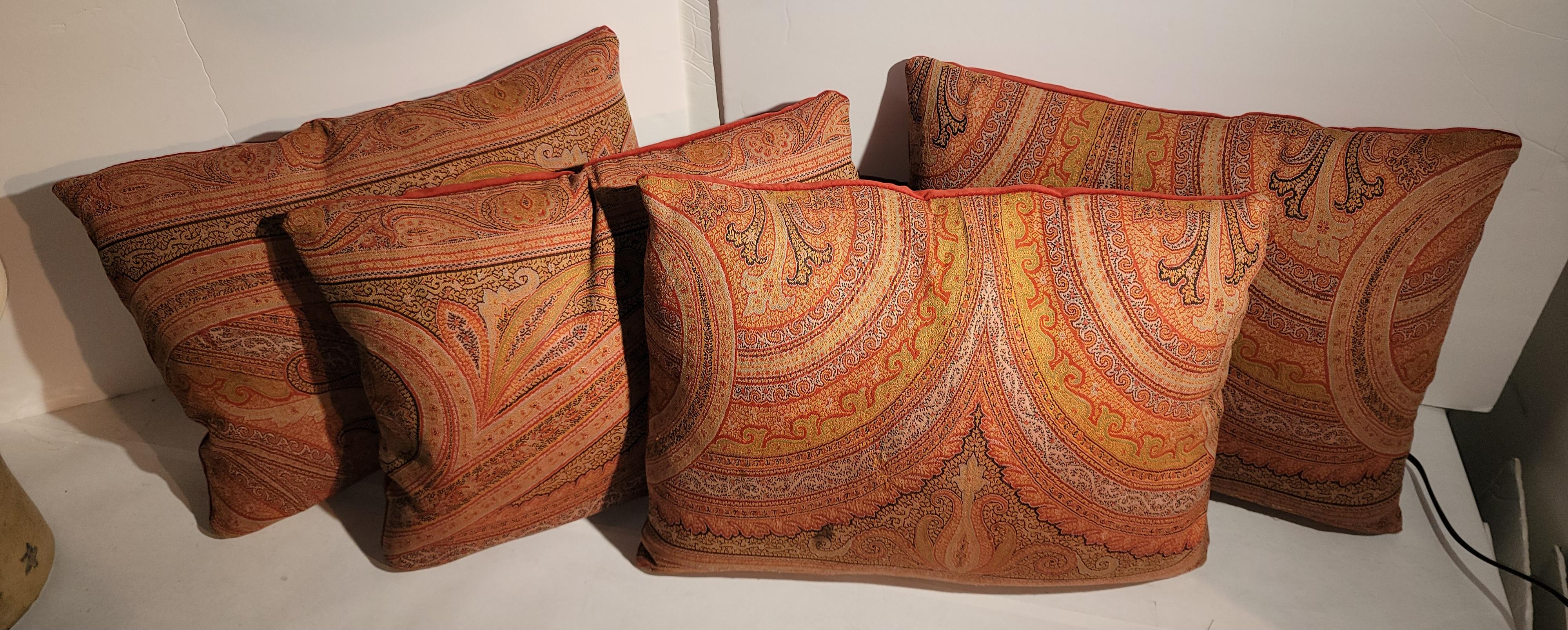 Hand-Crafted 19Thc Paisley Pillows With Burnt Rust  Velvet  Backings-Pair For Sale