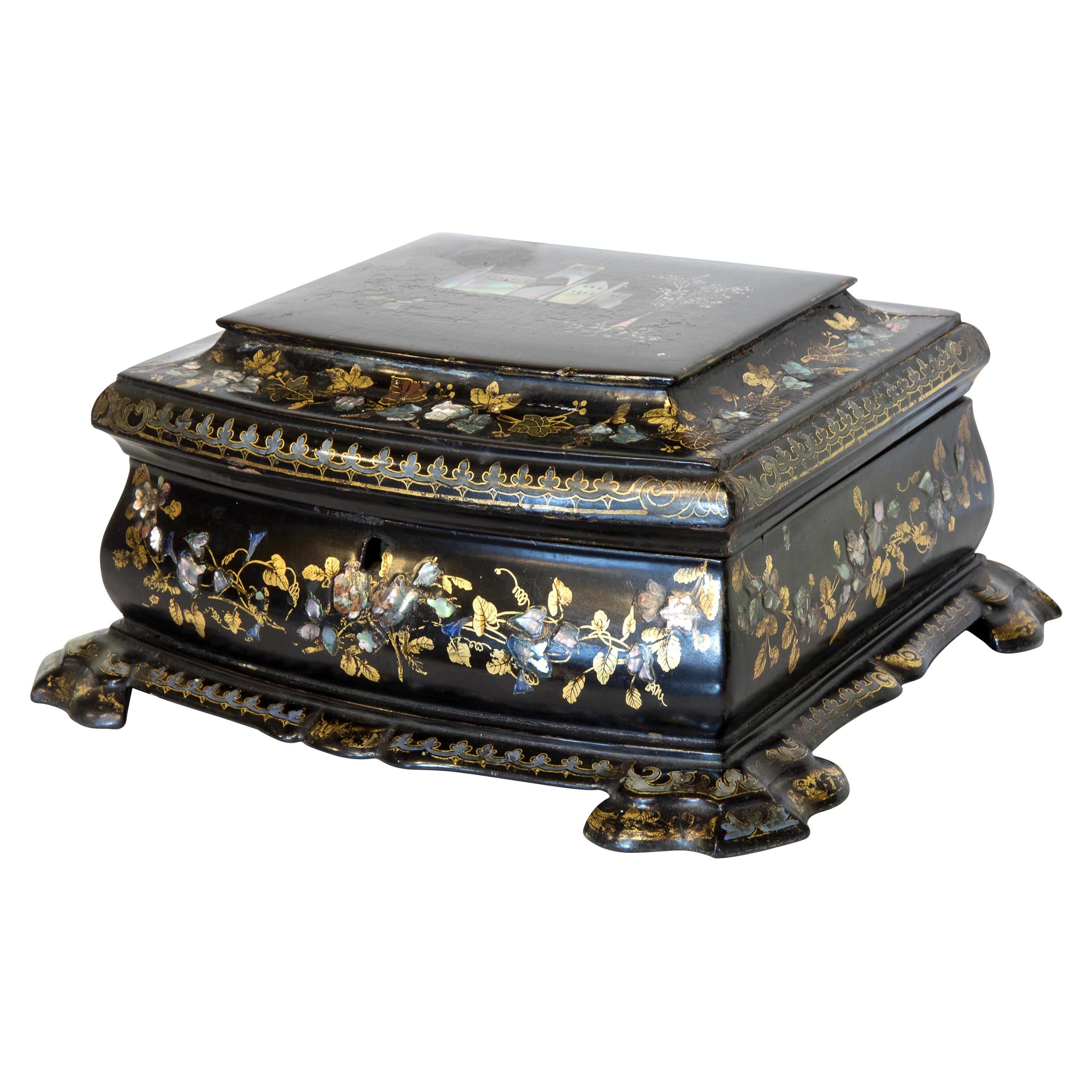 19th Century Papier Mache and Mother of Pearl Inlaid Box, circa 1860 For Sale