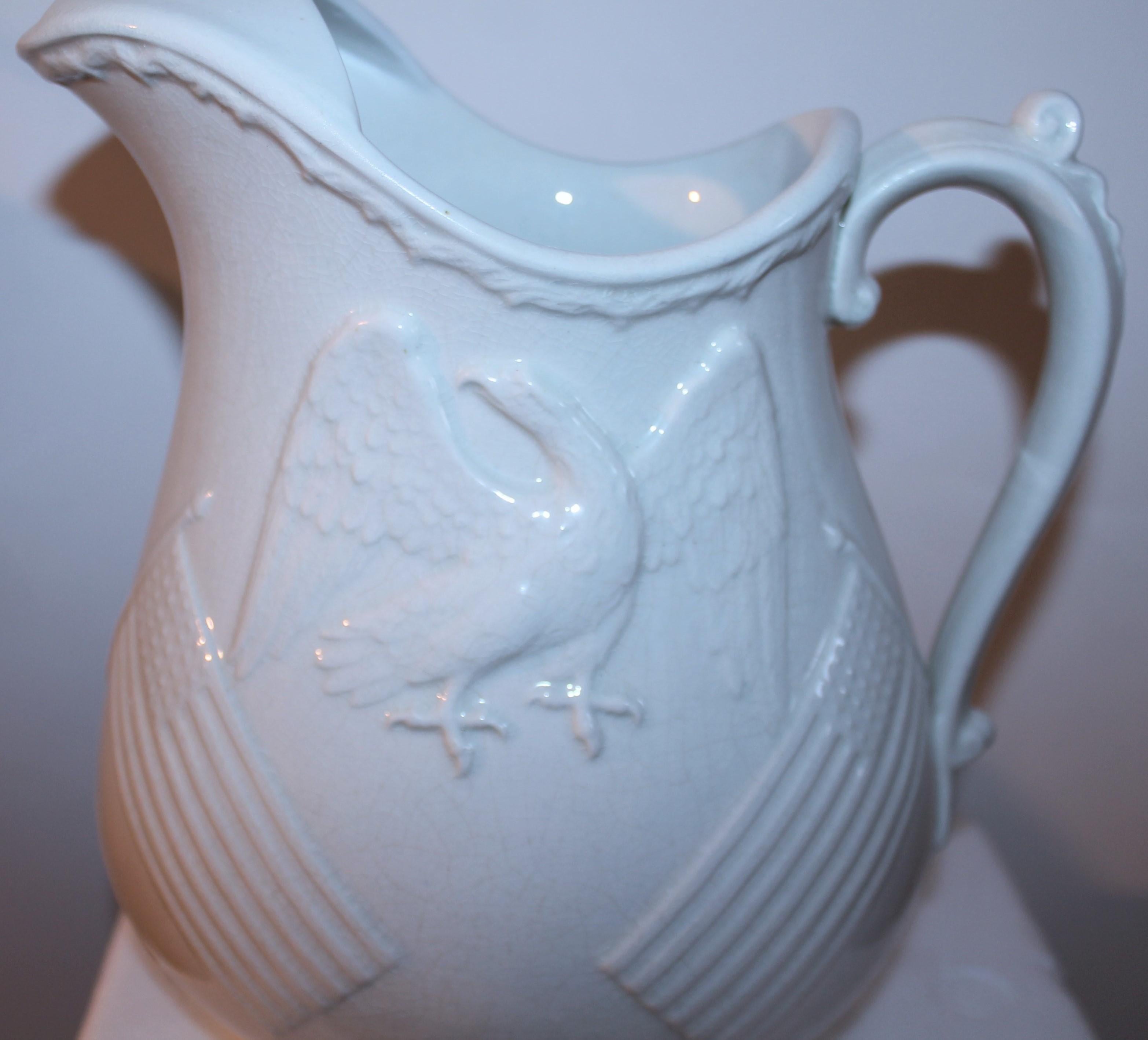 Molded 19thc Patriotic American Cross Flags & Eagle Embossed Ironstone Water Pitcher