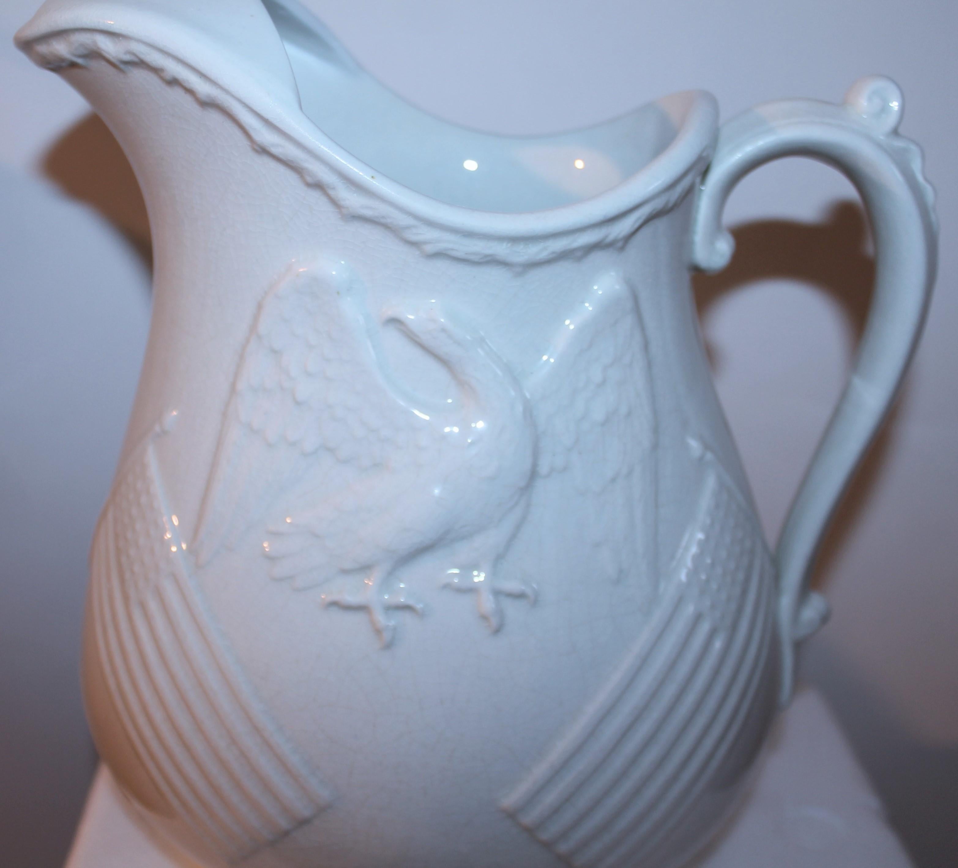 Molded 19thc Patriotic American Cross Flags & Eagle Embossed Ironstone Water Pitcher For Sale