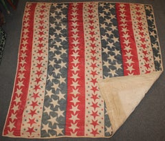 19th Century Patriotic Bunting Stars Tied Quilt Dated 1898