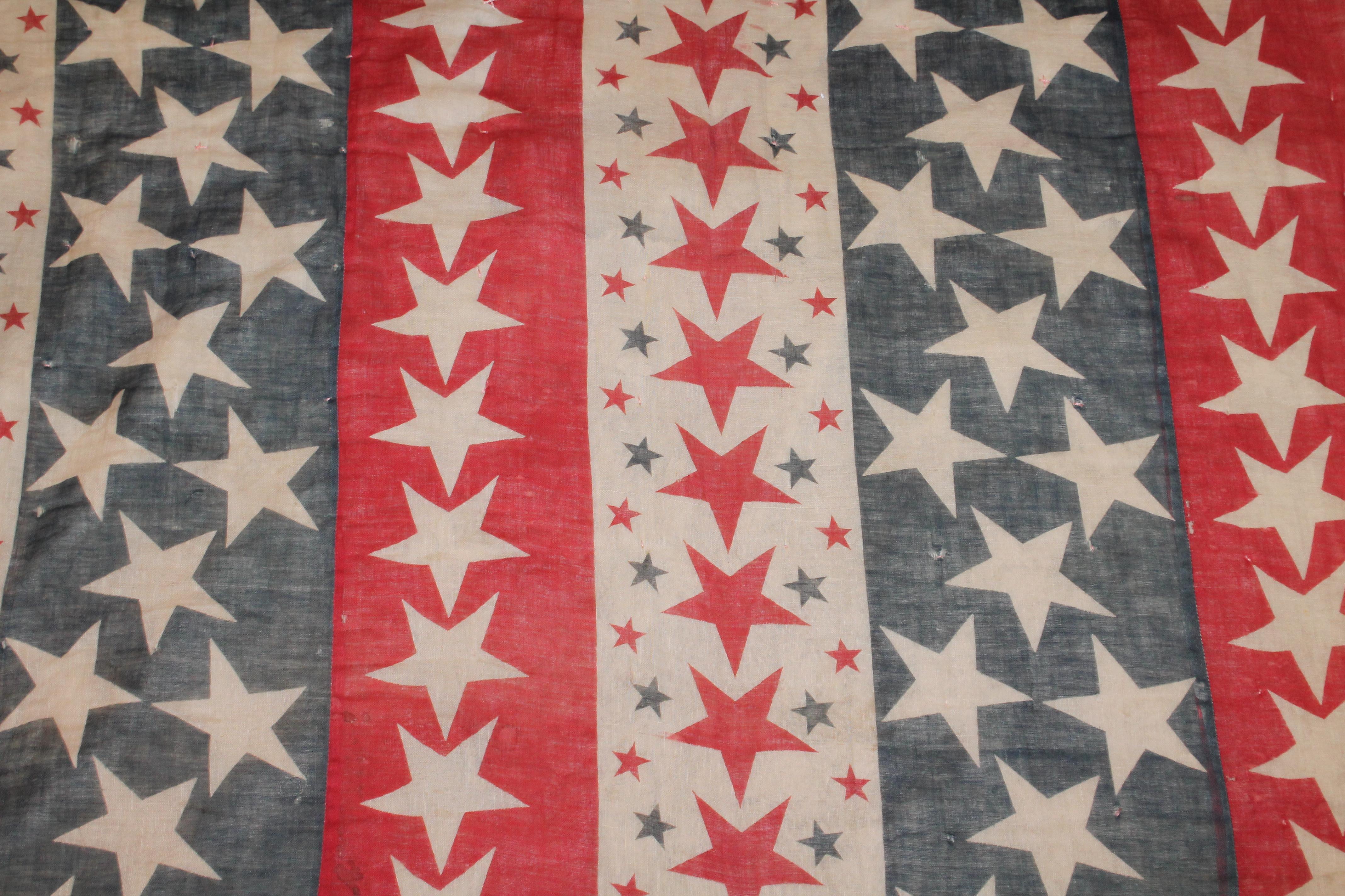 American 19th Century Patriotic Bunting Stars Tied Quilt Dated 1898