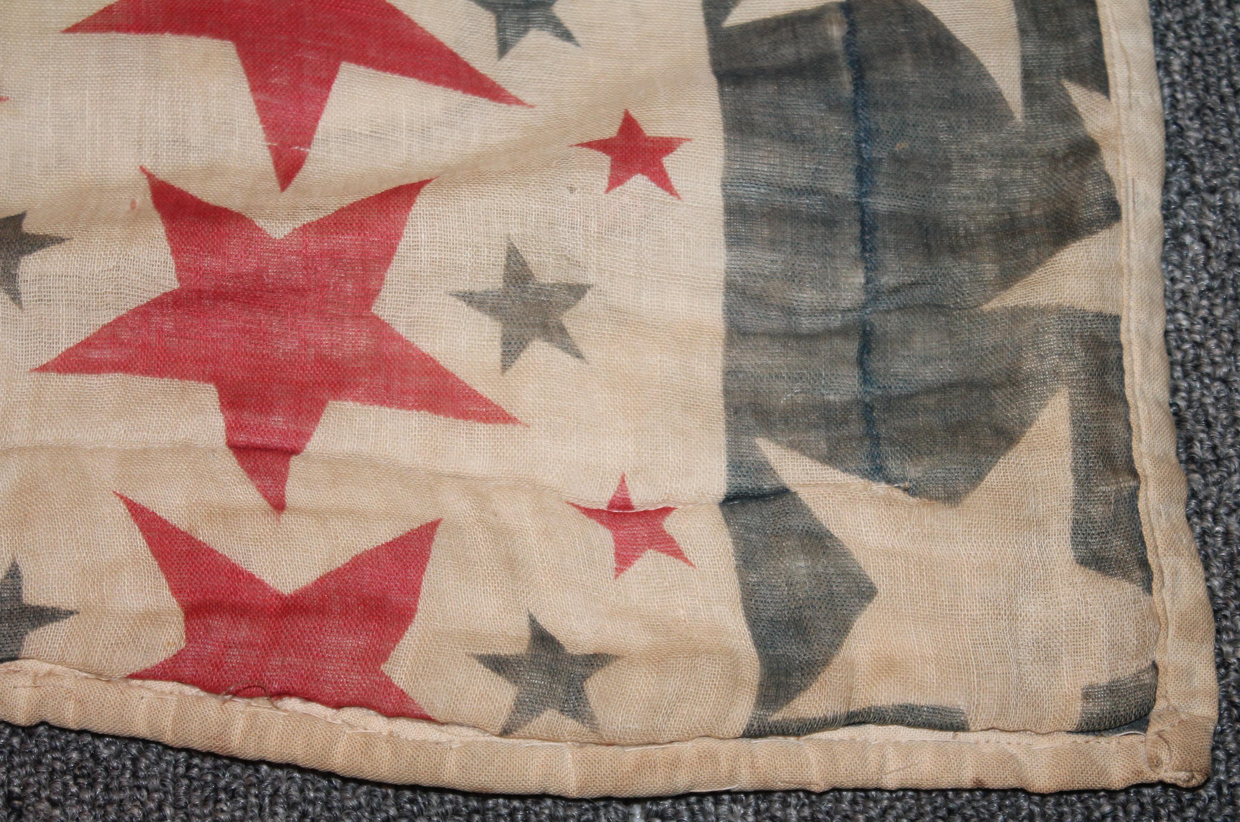 Hand-Crafted 19th Century Patriotic Bunting Stars Tied Quilt Dated 1898