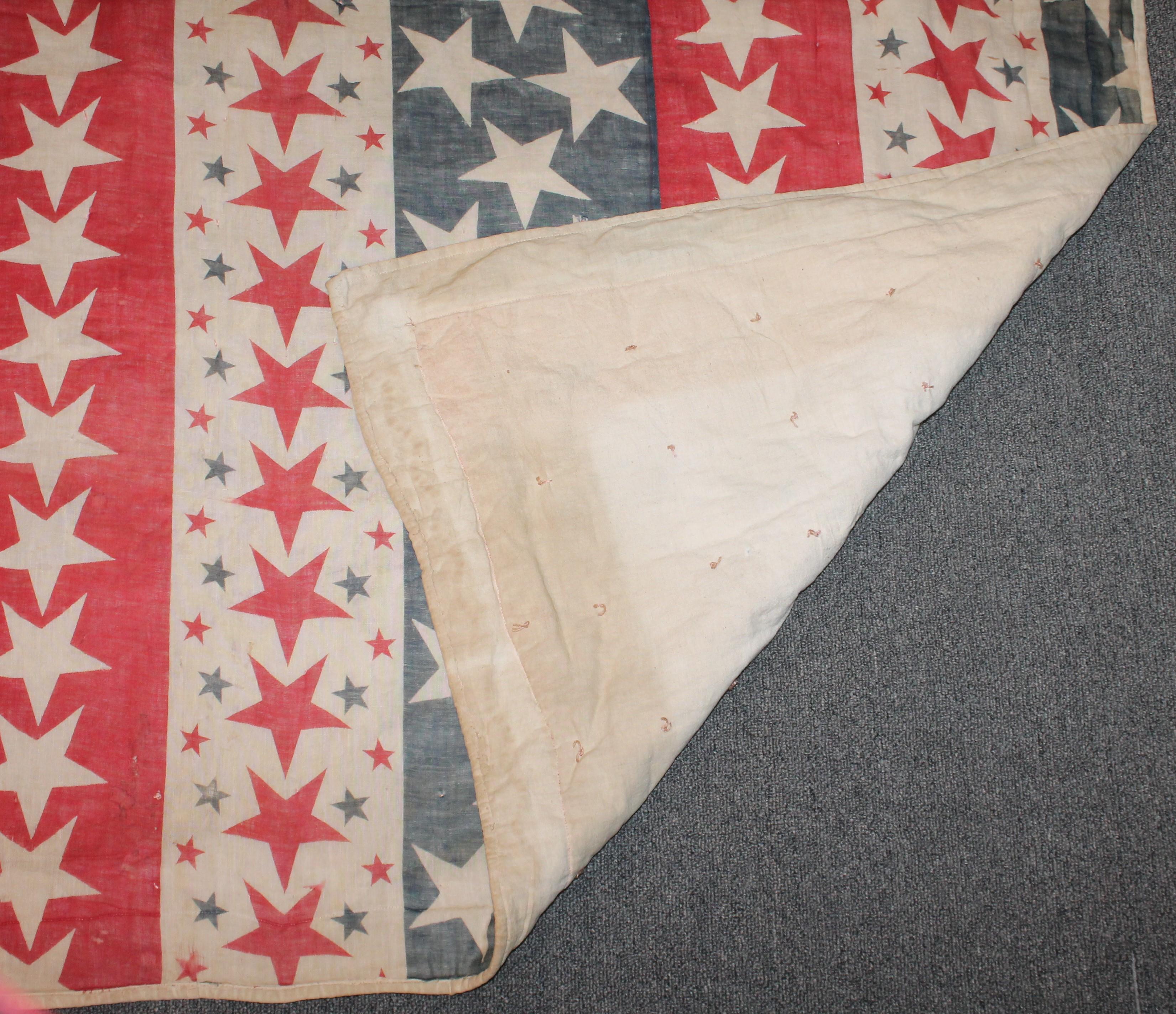 Late 19th Century 19th Century Patriotic Bunting Stars Tied Quilt Dated 1898