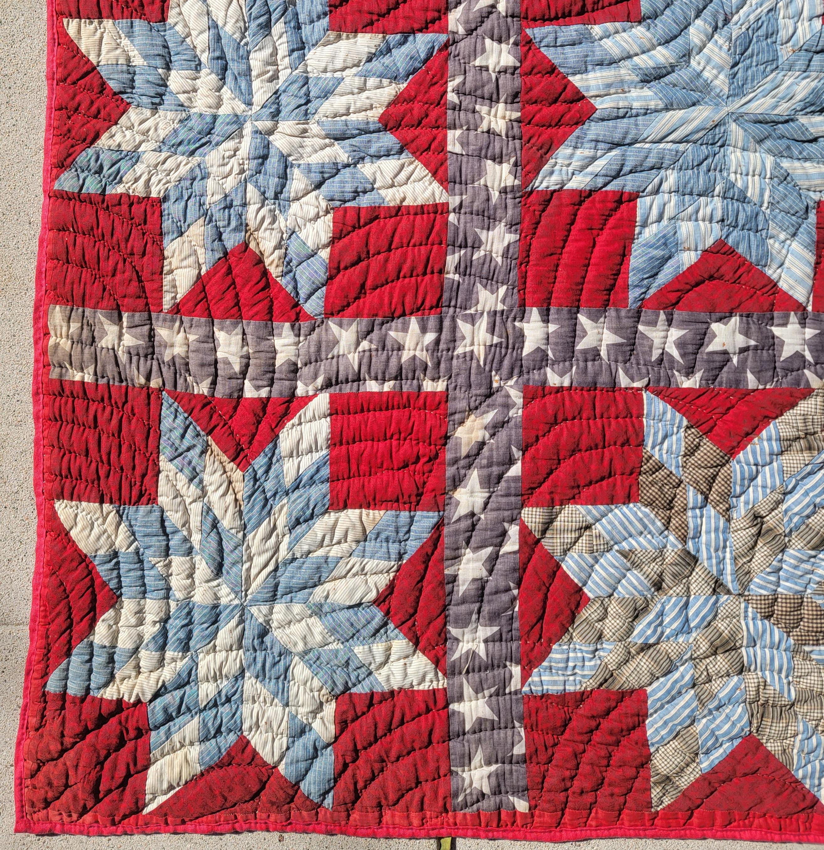 American 19thc Patriotic Contained Eight Point Stars Quilt