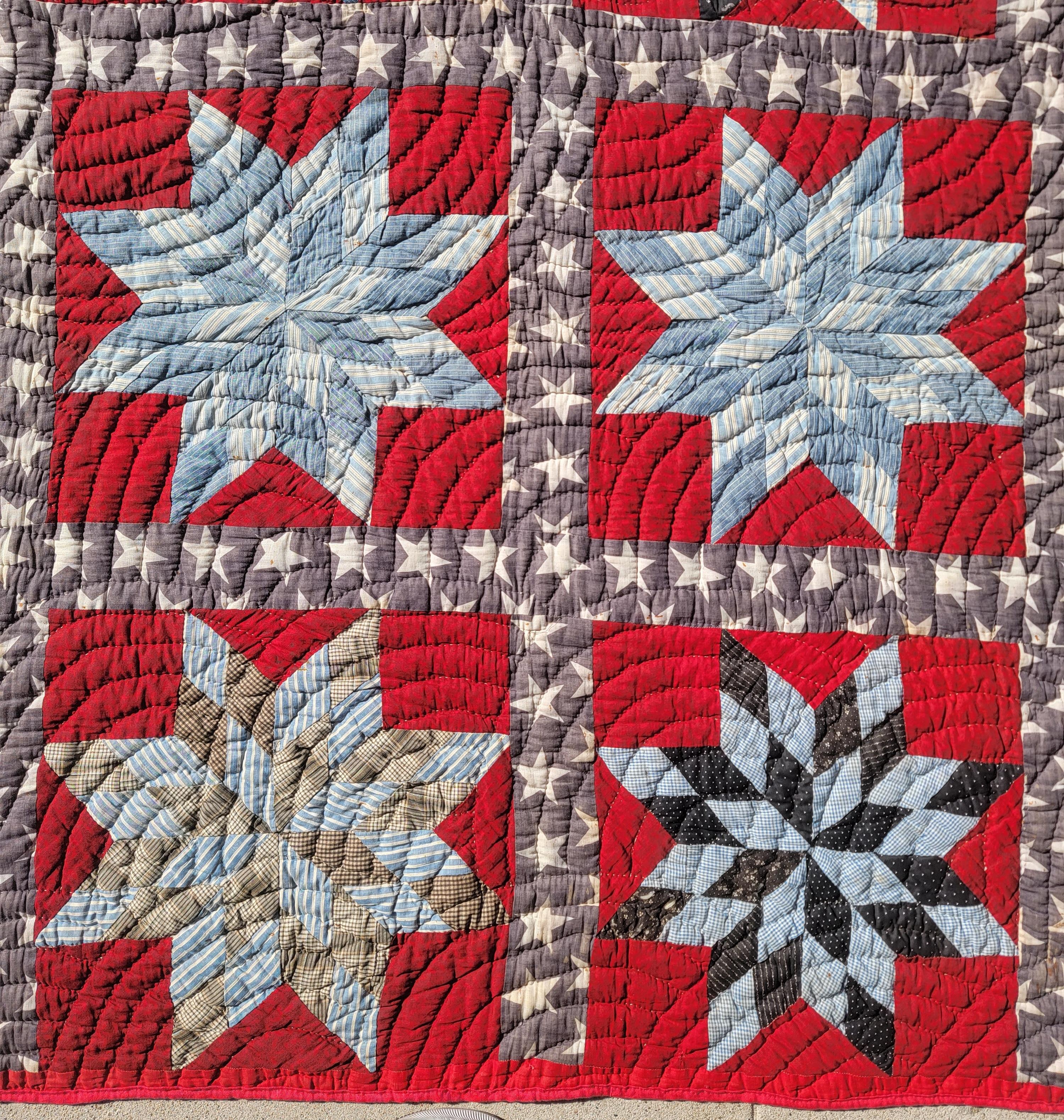 Hand-Crafted 19thc Patriotic Contained Eight Point Stars Quilt