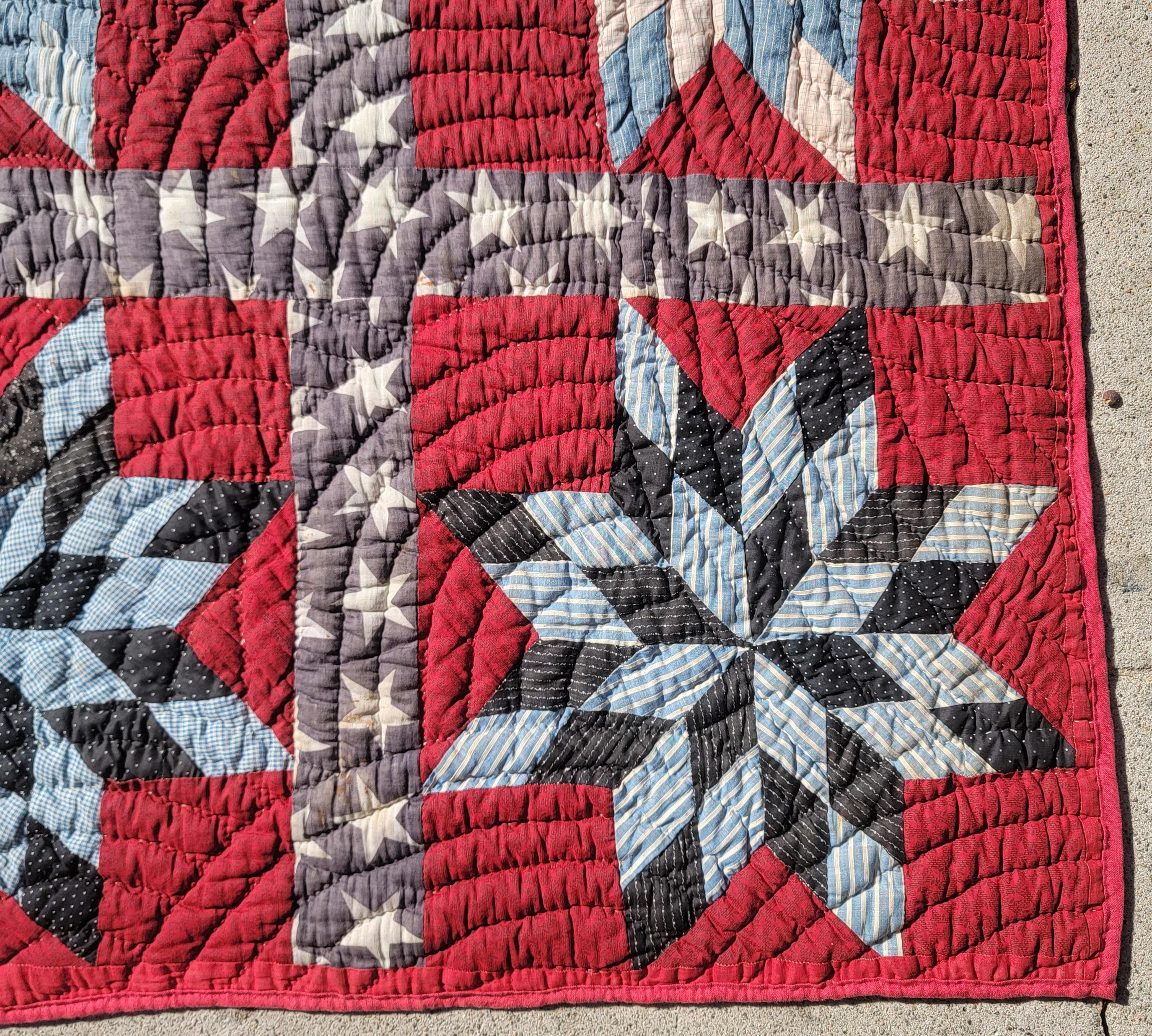19thc Patriotic Contained Eight Point Stars Quilt In Good Condition In Los Angeles, CA