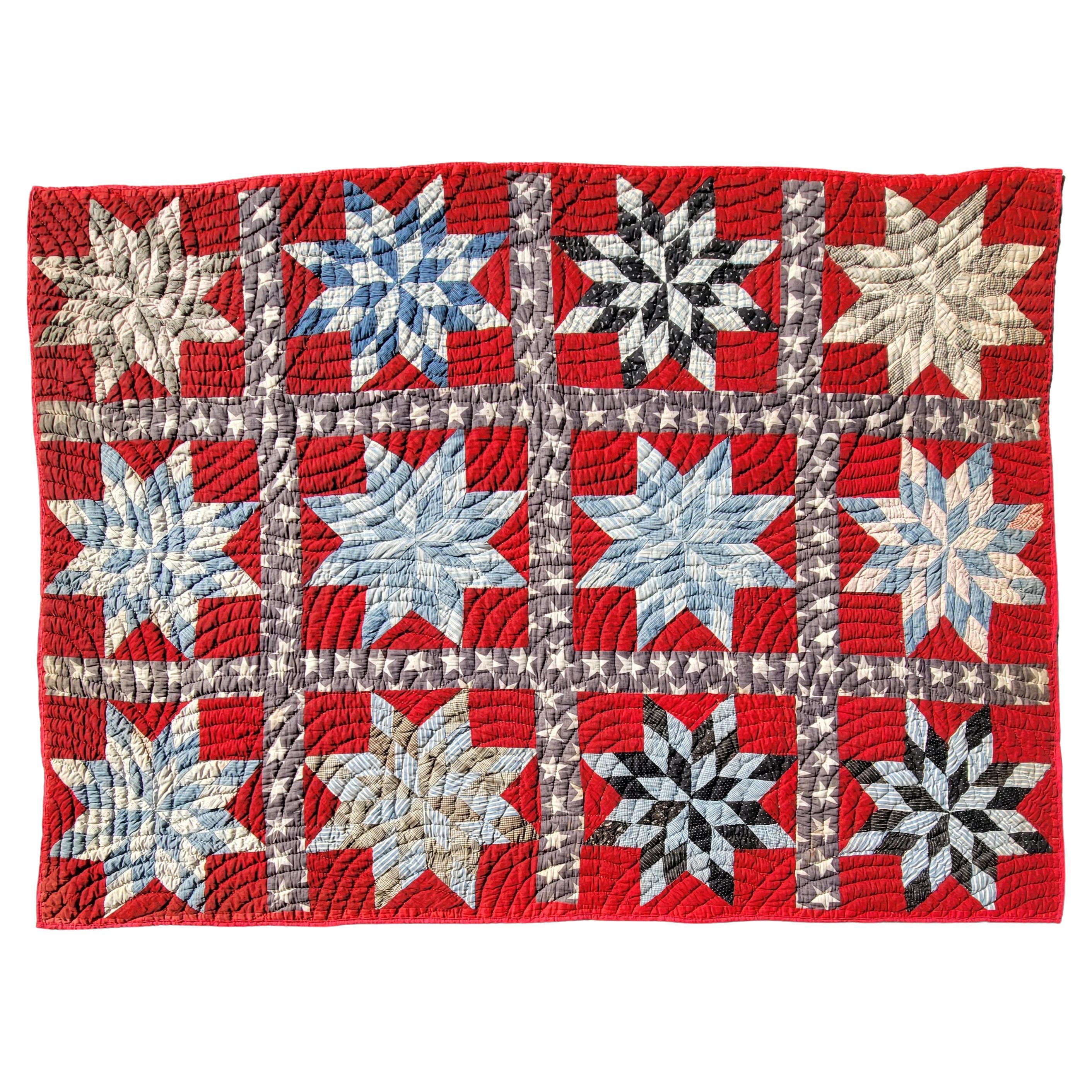 19thc Patriotic Contained Eight Point Stars Quilt