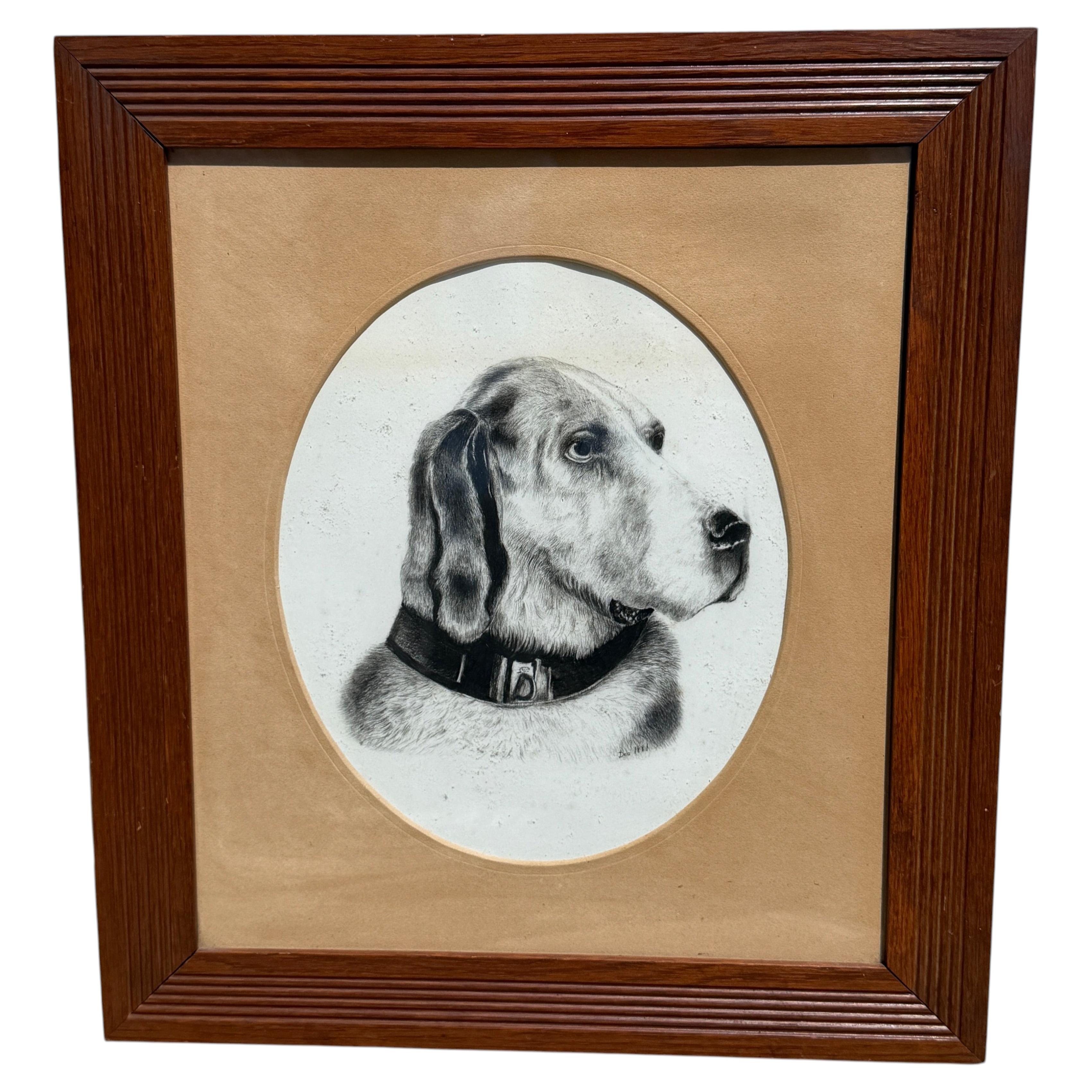 19Thc Pen & Ink Gemälde eines Hundes