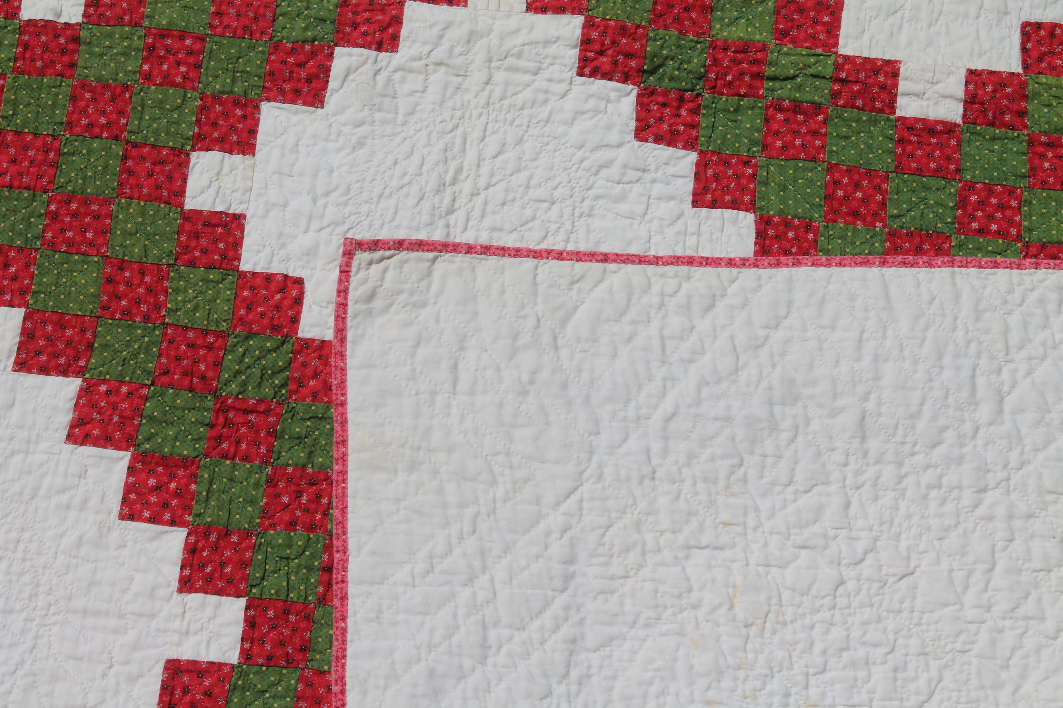 Hand-Crafted 19thC Pennsylvania Red & Green Triple Irish Chain Quilt For Sale