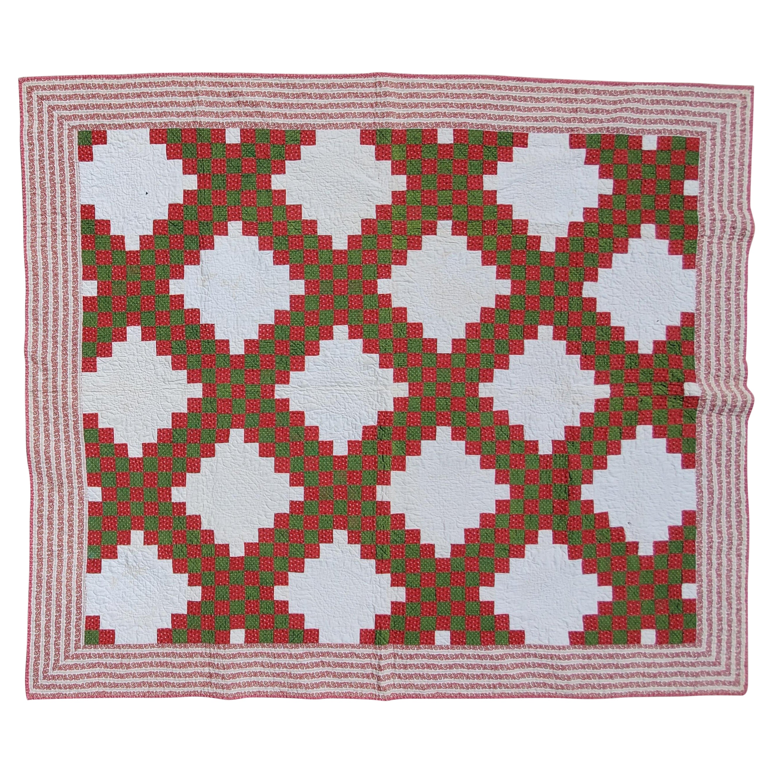 19thC Pennsylvania Red & Green Triple Irish Chain Quilt