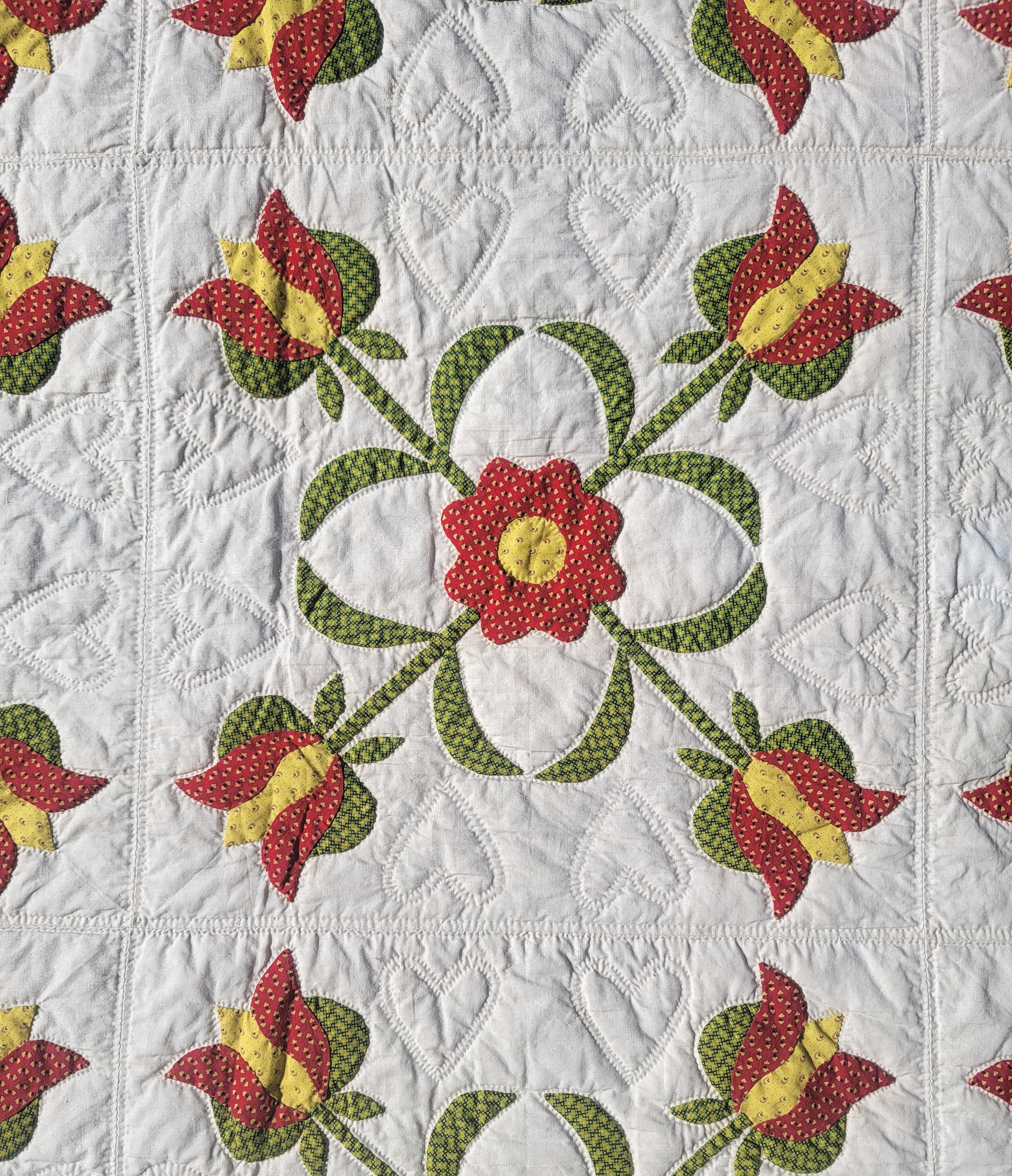 Hand-Crafted 19Thc Pennsylvania Tulips Applique Quilt For Sale