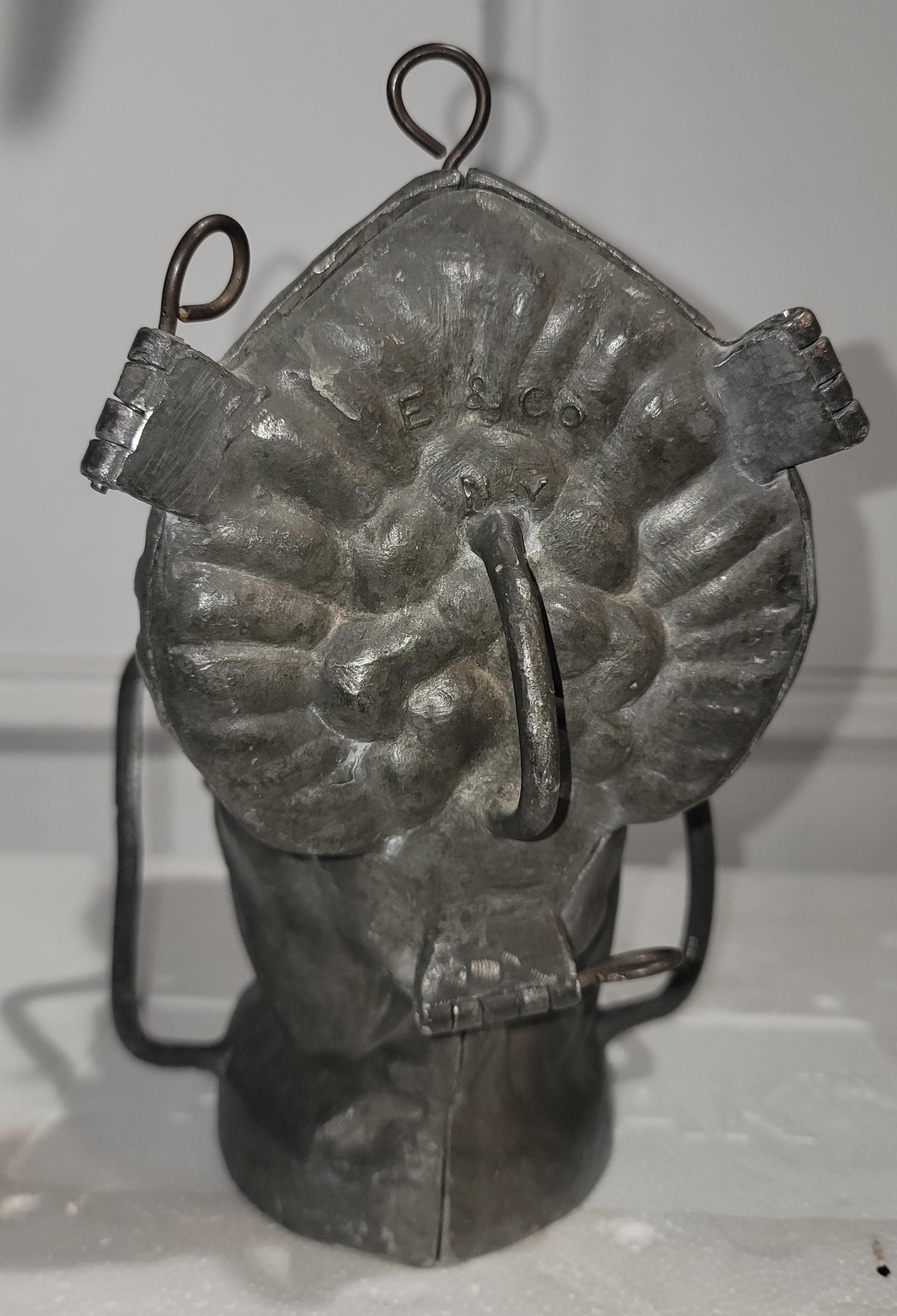 19thc Pewter turkey large chocolate mold and hinged in the middle. The condition is very good and has a wonderful aged patina.