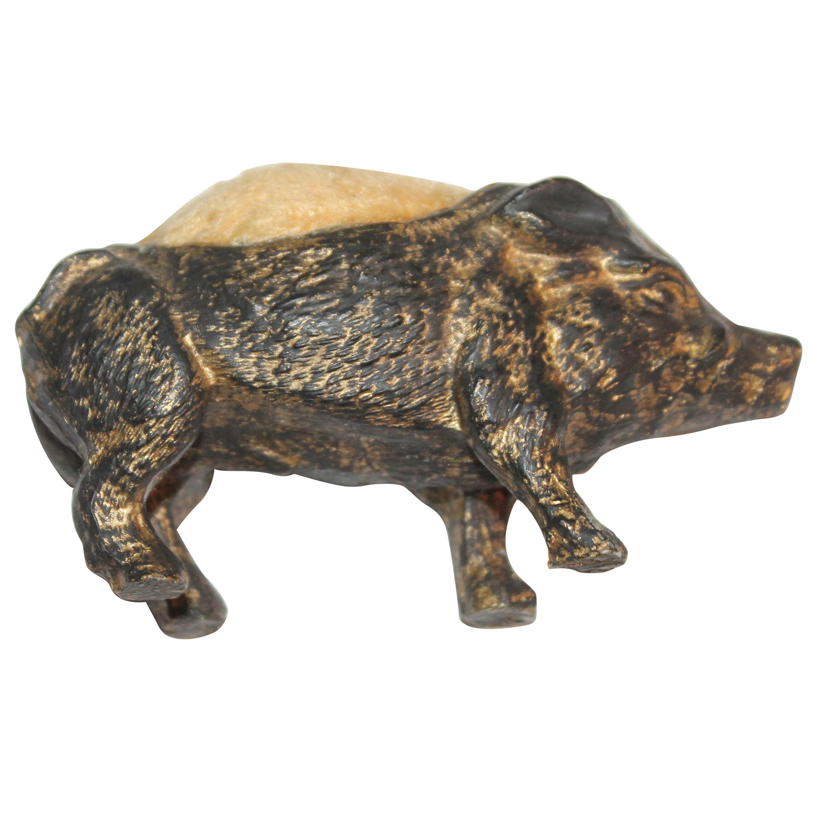 19th Century Pig Pin Cushion with Metal Base For Sale
