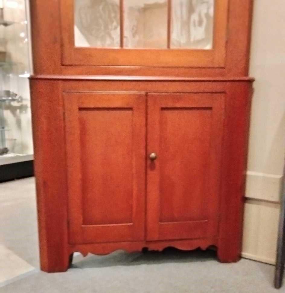 American 19thc Cherry Wood Corner Cupboard In Original Red  Paint For Sale