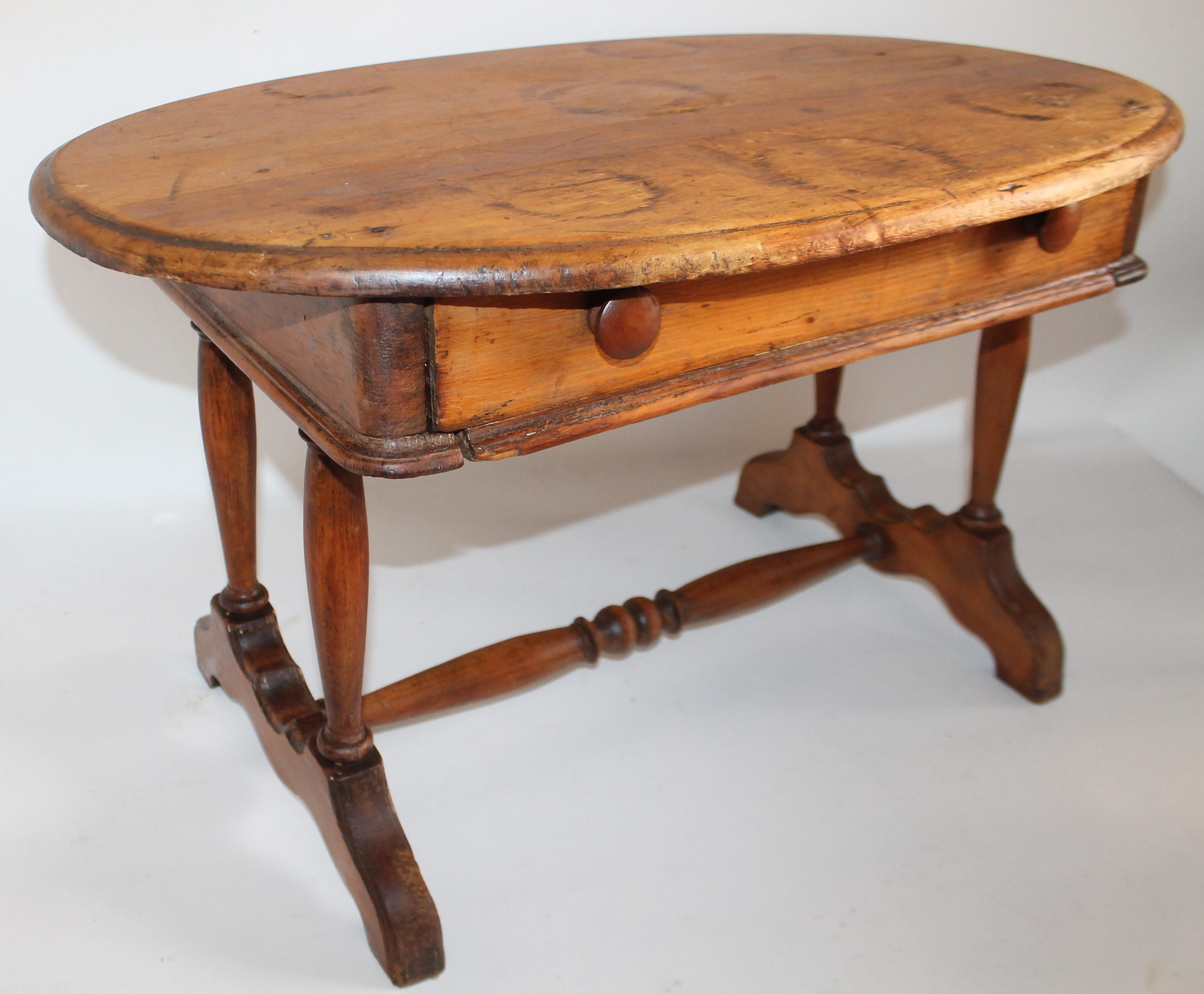 19th century old surface small scale coffee table or side table. The surface is very nice with a mellow patina. This has single drawer.