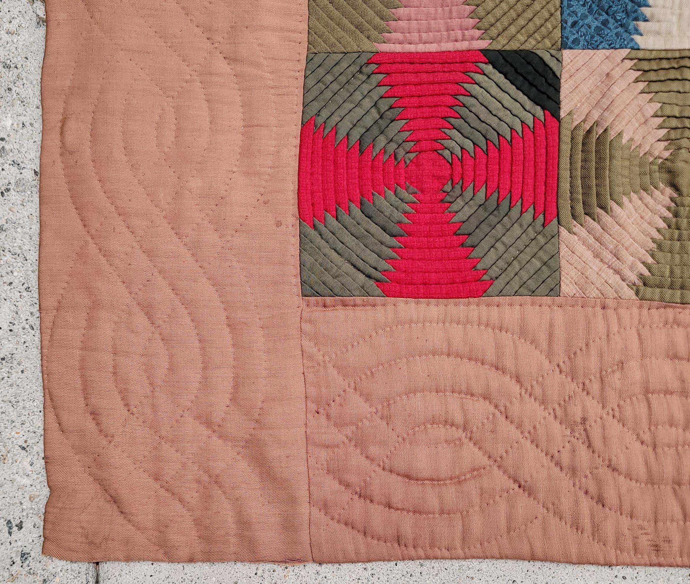 19thc Pineapple Log Cabin Wool Quilt In Good Condition In Los Angeles, CA