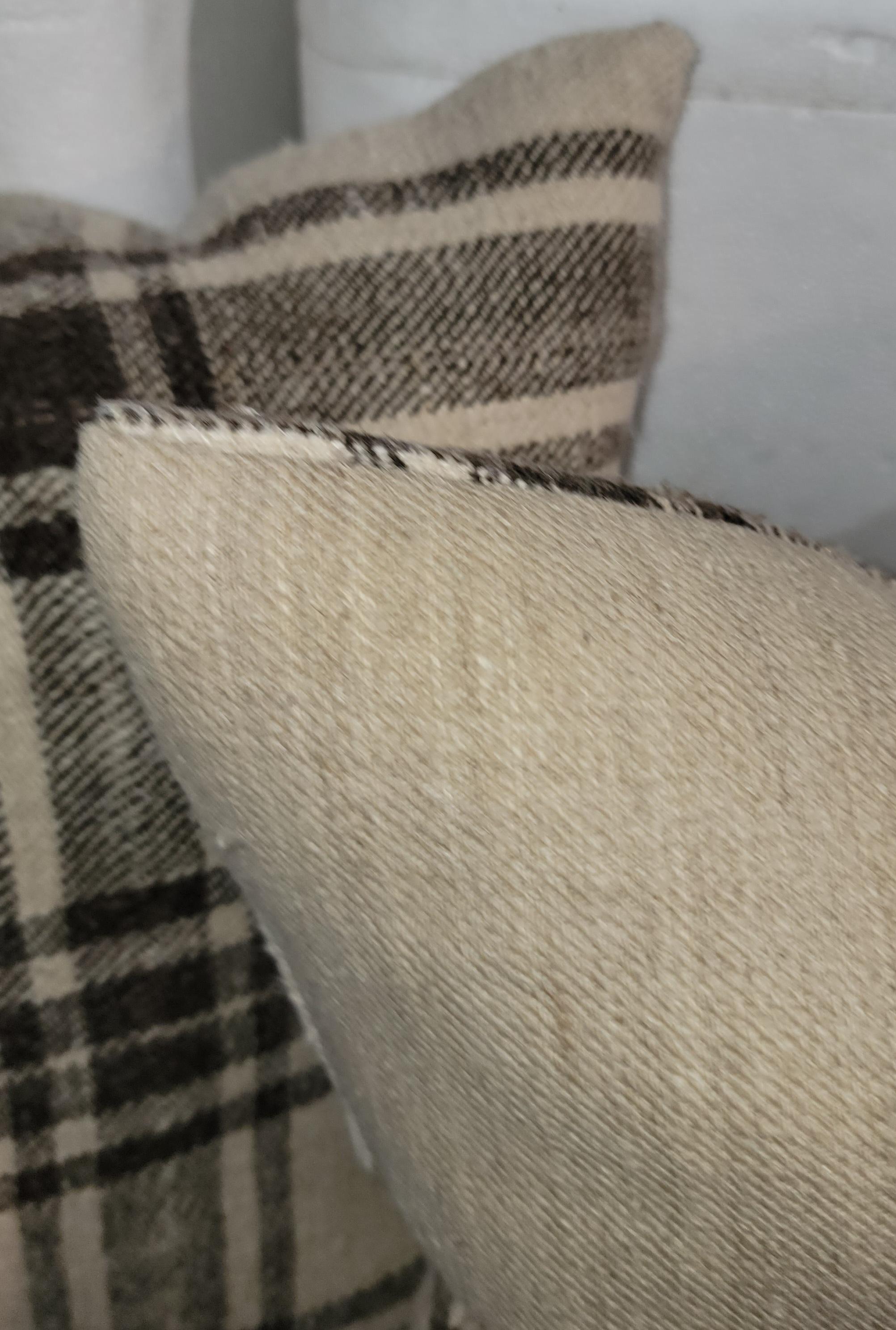Adirondack 19th Century Plaid Homespun Linen Pillows, Pair For Sale