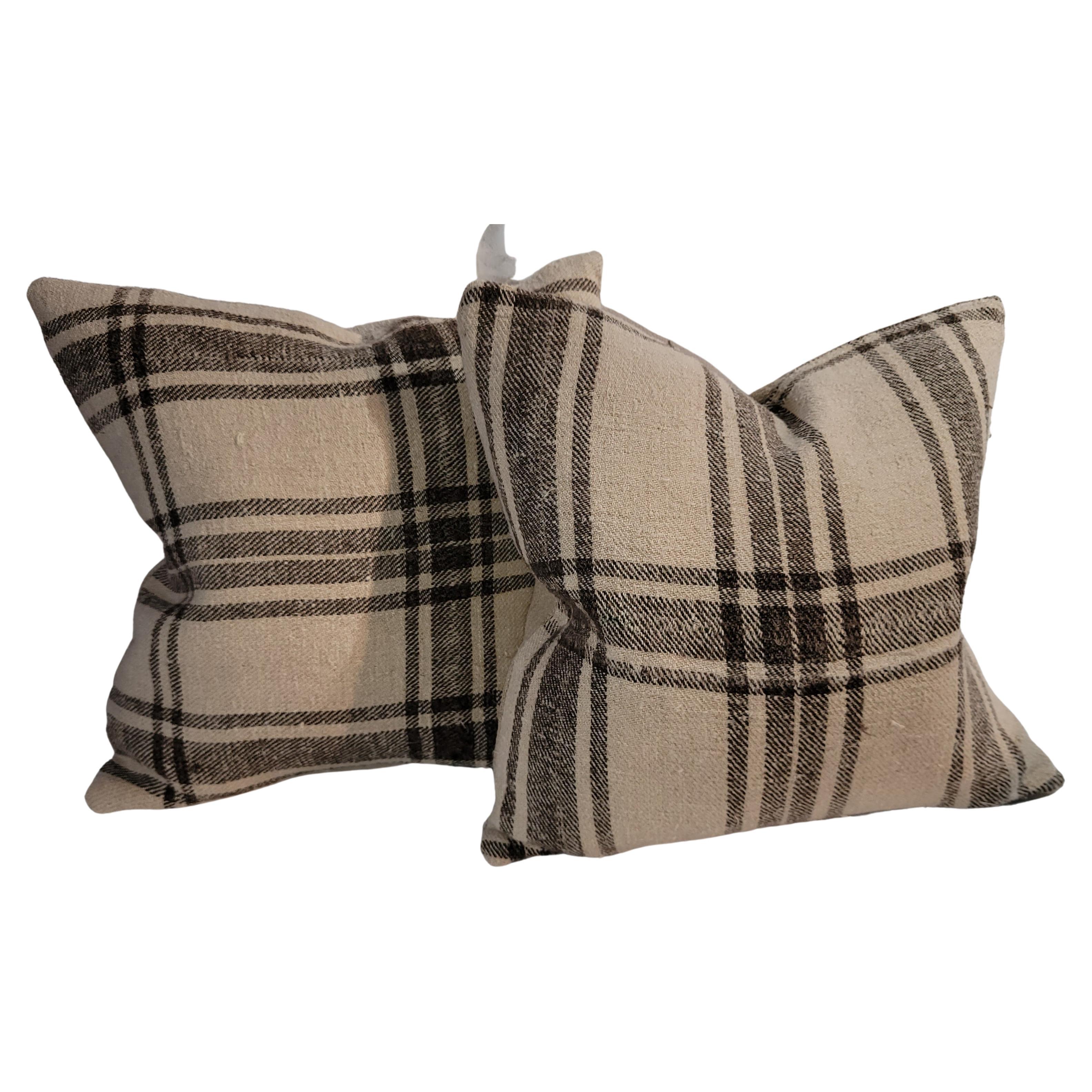 19Thc Plaid Homespun Leinen Kissen-Paar