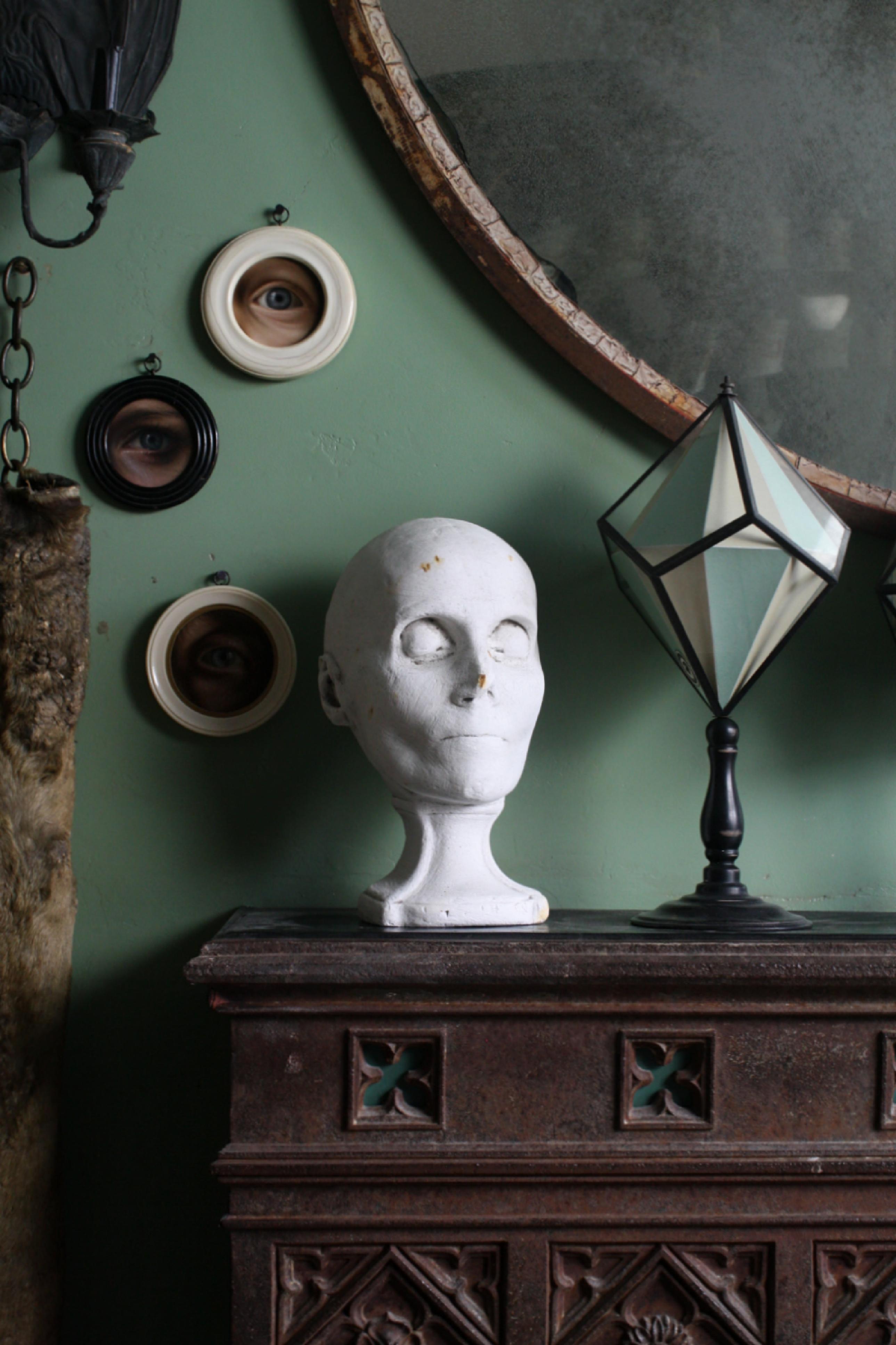 European Plaster Mortuary Death Mask Bust Sculpture on Socle Base Memento Mori